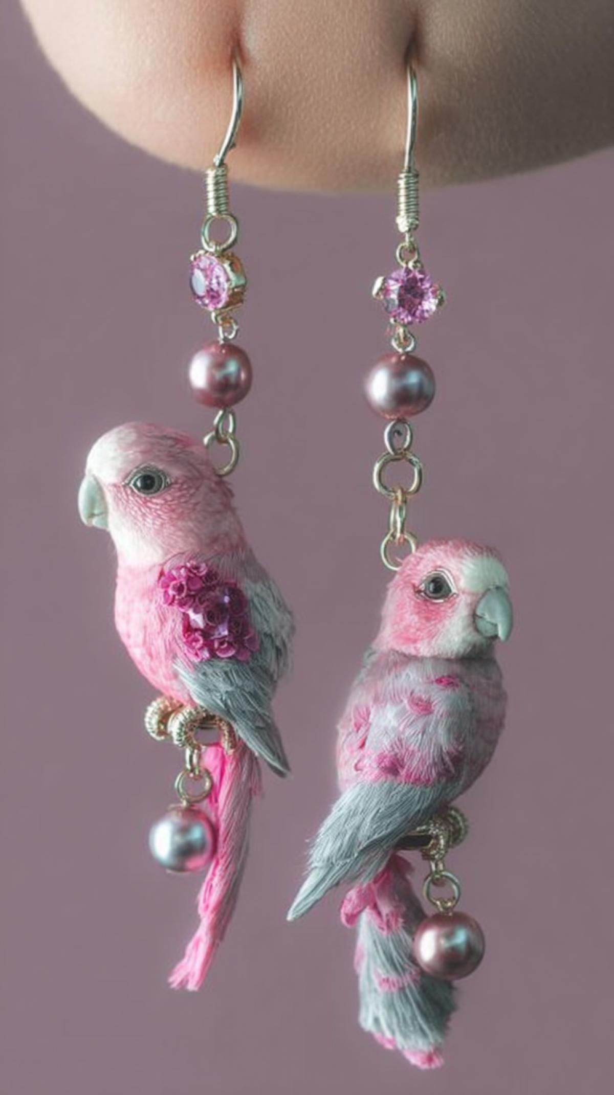 Earrings in the form of pink cute parrots, photo shoot for a brand jewelry
