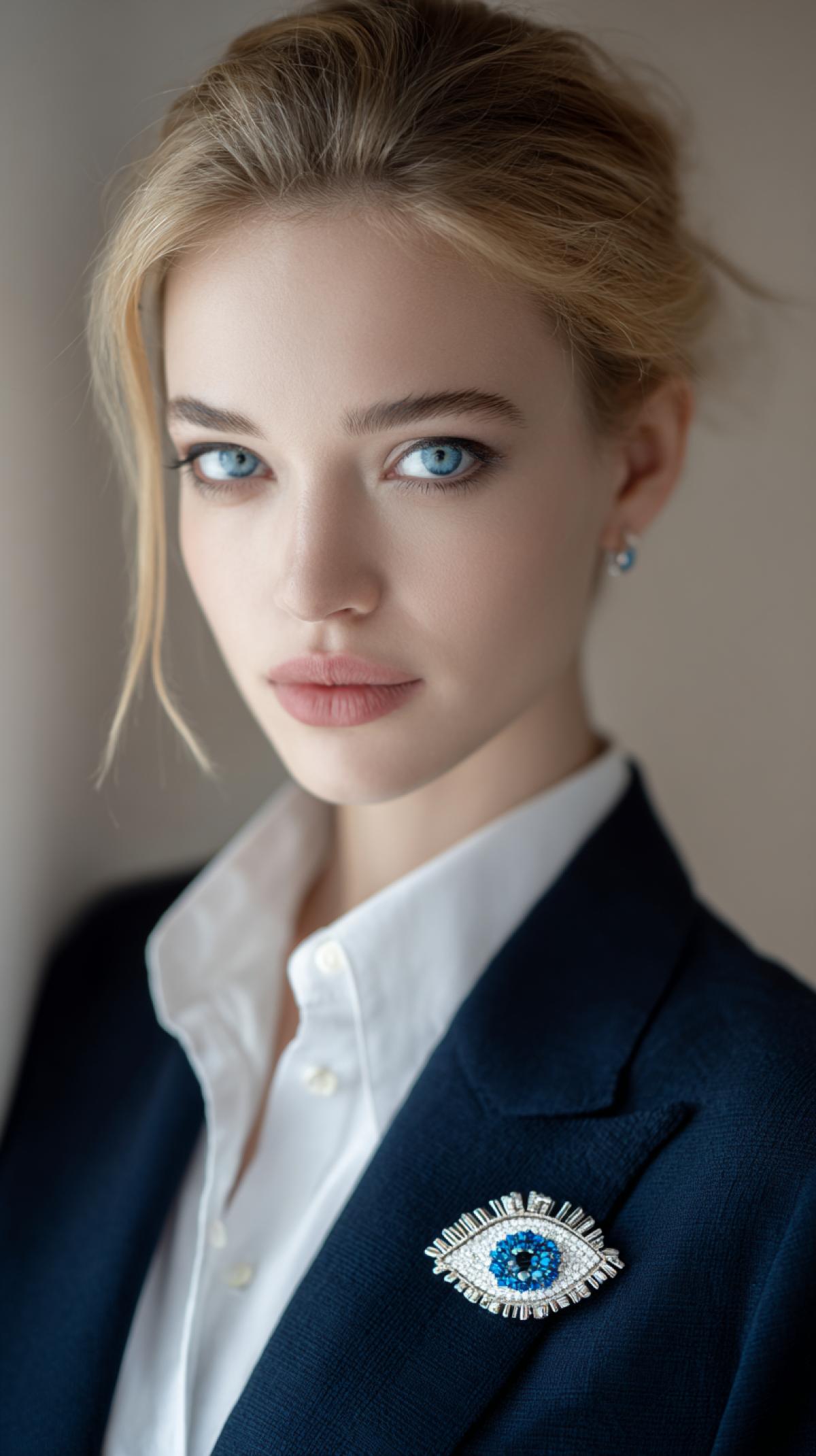 Woman 25 years old, blonde with blue eyes, on her jabbard brooch in the shape of a blue eye, a professional photo shoot for a brand of jewelry