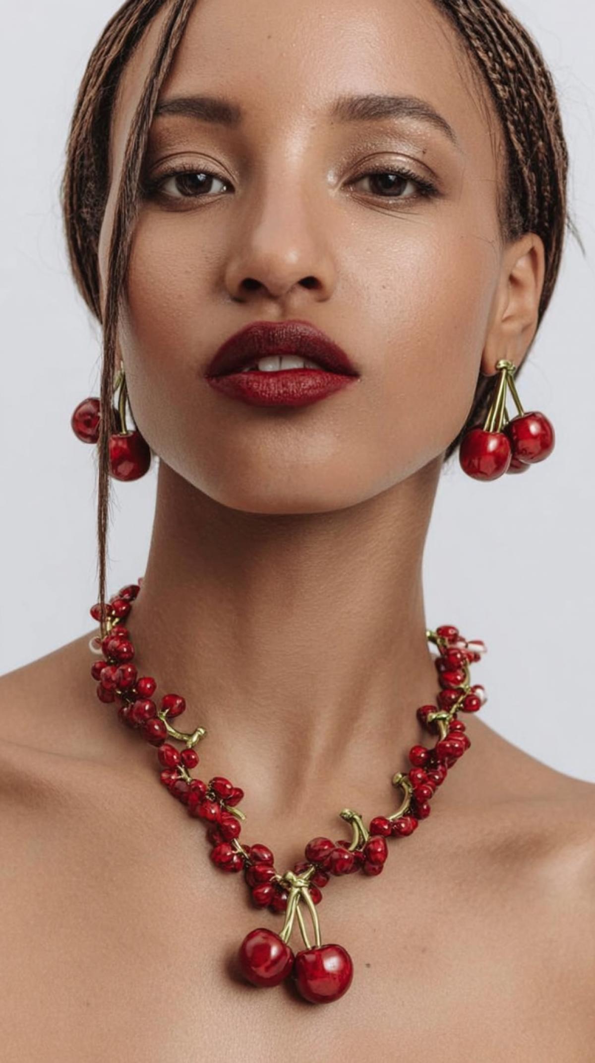 Necklace and earrings in the form of cherries, photo shoot for a brand jewelry