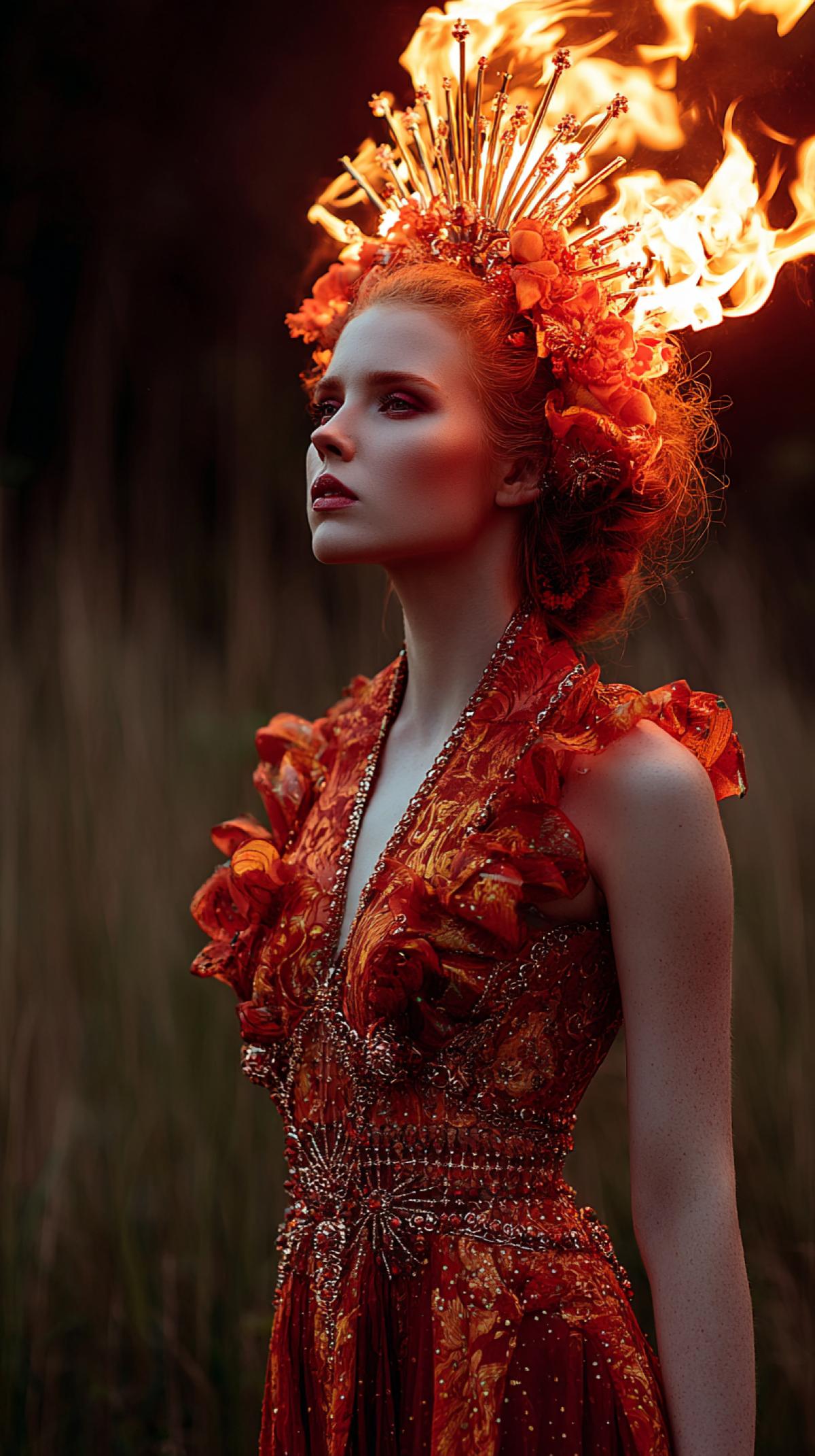 The goddess of fire wears a fiery dress and a crown from a flame, action