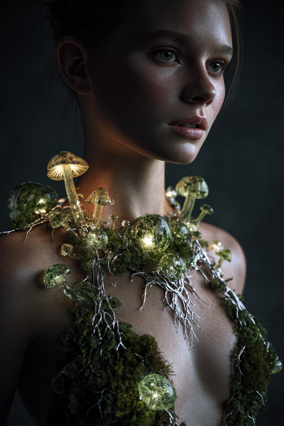 Full portrait of an elegant model, wearing a breathtaking bio-luminescent jewelry set. intricate necklace and shoulder piece made of glowing glowing moss, exotic glowing mushrooms and delicate silver filigree that looks like roots growing on the skin. The jewelry is alive and pulsates with a soft ethereal light. hyperrealistic photography, dramatic lighting, dark background, close-up shot, detailed, 8k, trending on artstation