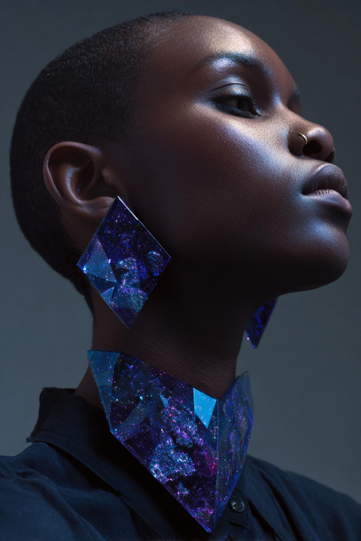 A fashion photo of a model with an androgynous look, wearing a minimalist necklace and ear cuffs made of solidified cosmic dust and dark matter. The jewelry pieces contain tiny, swirling nebulae and micro-galaxies inside a transparent, polished geometric resin shape. The gems are deep blues, purples and darks with sparkling star-like silver dots. shot with macro lens, sharp focus, clean studio lighting, high fashion editorial style, vaulted ceiling, masterpiece