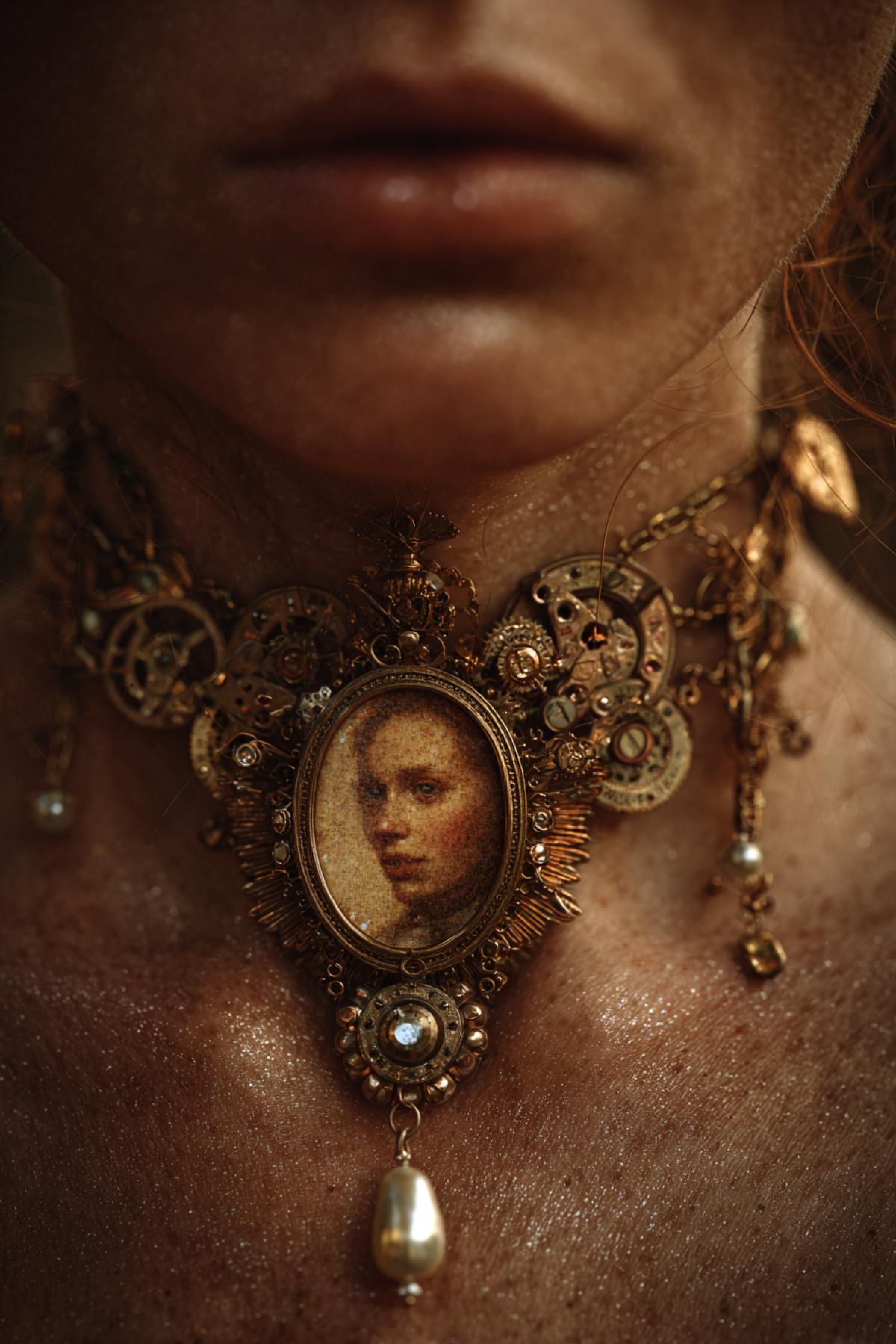 A detailed close-up shot on a persons neck and collarbone, wearing a stunning steampunk-inspired necklace. The centerpiece is an ancient, slightly cracked miniature portrait in a sepia tone, set within a complex frame of intricate bronze gears, watch movements, and tiny, shimmering lenses. A single, perfect pearl hangs below. macro photography, hyper-detailed, cinematic lighting, warm gold and bronze color palette, textural, masterpiece