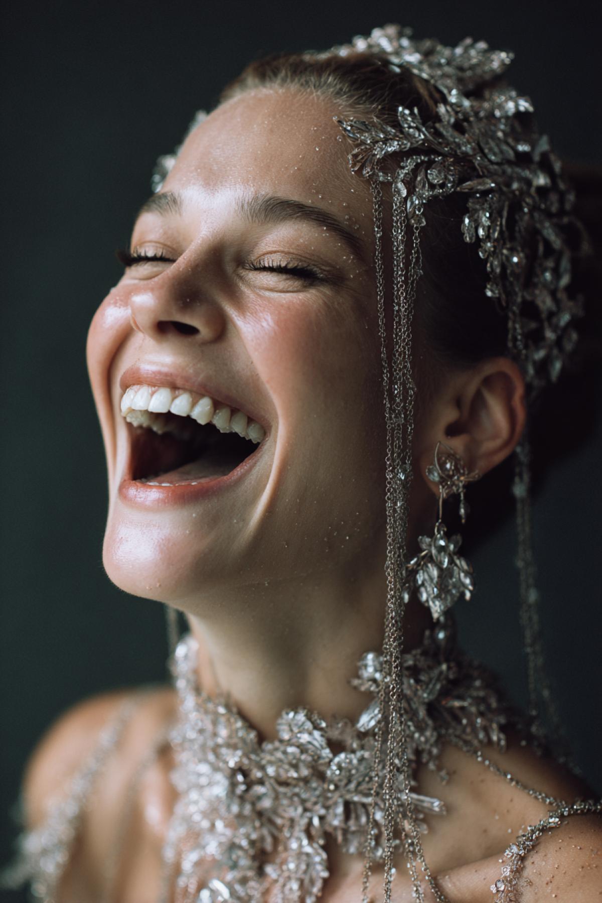 A high fashion photo of a woman laughing joyfully, from her open mouth and eyes spills not light, but a tangible, shimmering substance that solidifies into an intricate, delicate jewelry set. A necklace of crystallized laughter, earrings of captured tears of joy, and a headpiece of sparkling wonder. The jewelry is made of light, glass, and ethereal magic. Photorealistic, hyper-detailed, dramatic studio lighting, dark background, emotion made manifest, concept art, 8k, masterpiece, sharp focus
