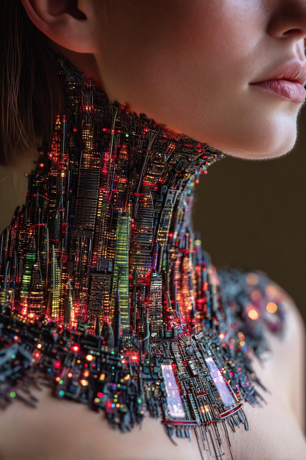 An intricate, impossibly detailed collar-necklace that is a full cityscape of a futuristic cyberpunk metropolis, built on and around the models neck and shoulders. Tiny glowing neon signs, micro-skyscrapers, and intricate suspended bridges with flying vehicle traffic. The city is alive and illuminated. The models skin is the ground level. Photorealistic, macro photography, cinematic lighting, ultra-detailed, depth of field, sci-fi aesthetic, 32k, trending on Artstation