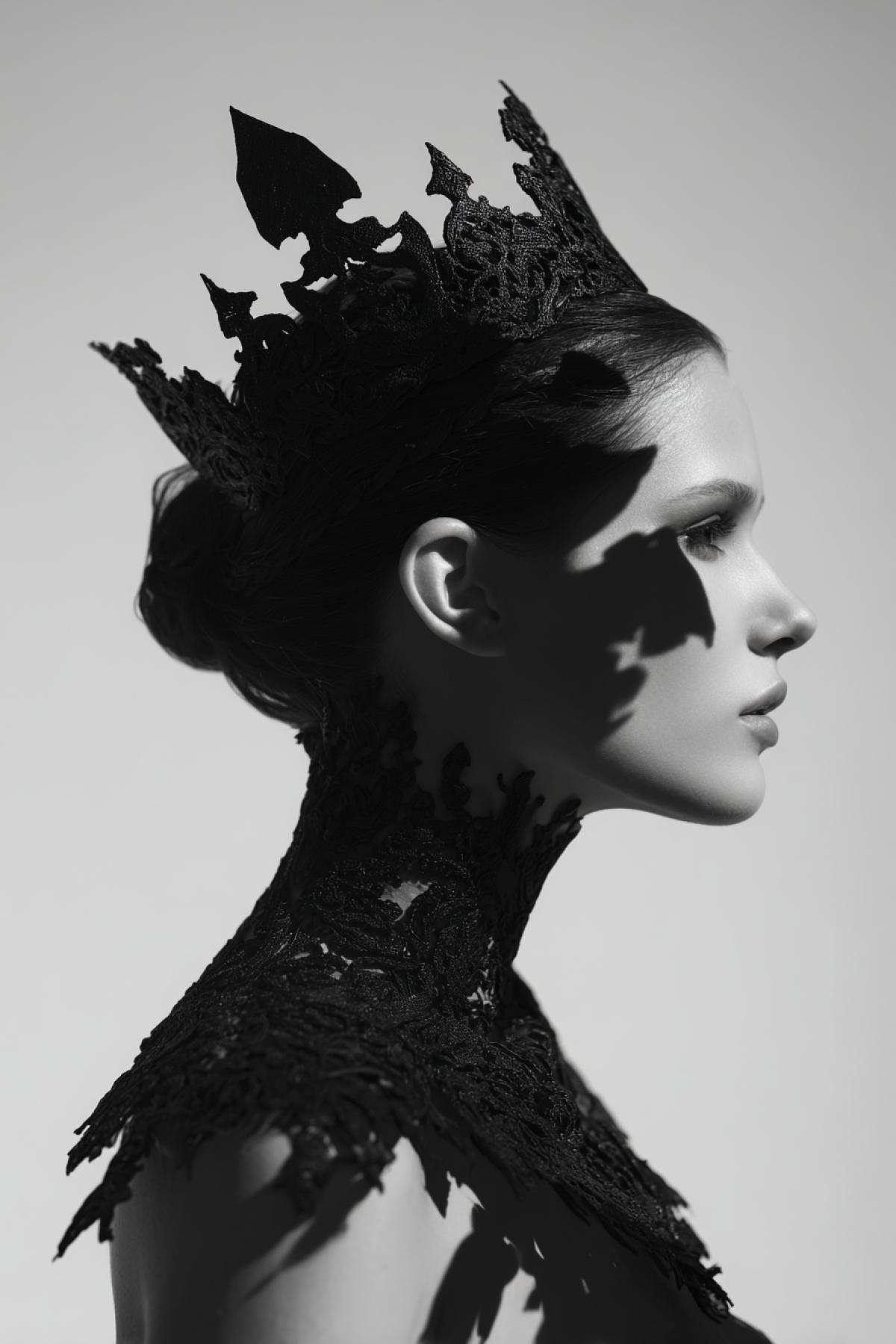A surreal portrait of a person, profile view. Their own shadow is peeling off from the ground and physically attaching itself to their as an ornate, intricate piece of jewelry. A crown of solid shadow on their head, a sharp, elegant dagger brooch made of darkness on their shoulder. The shadow jewelry has a tangible, velvety texture and absorbs light. Conceptual fashion, monochromatic, high contrast, dramatic lighting, minimalist background, thought-provoking, masterpiece, ultra detailed