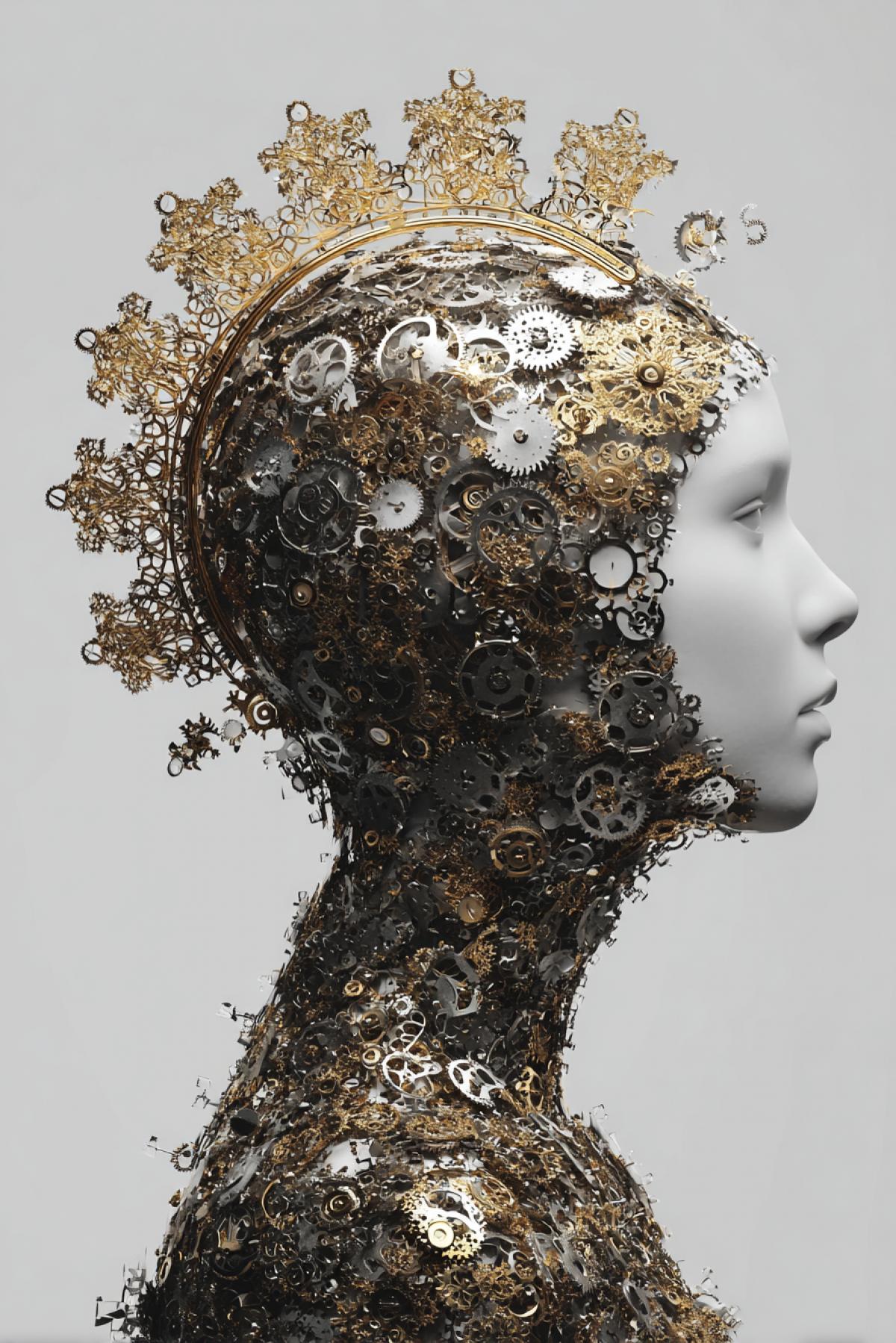 A conceptual fashion photo of a person from behind, their head turned in profile. An elaborate and massive jewelry frame made of gold and platinum is mounted *around* the silhouette of their head and neck, but the center is empty, highlighting the persons own shape. The intricate metalwork has tiny diamonds and gears that move. The void within the frame is the true jewel. minimalist background, high contrast, hyperrealistic, sharp focus, thought-provoking, avant-garde, masterpiece, 8k