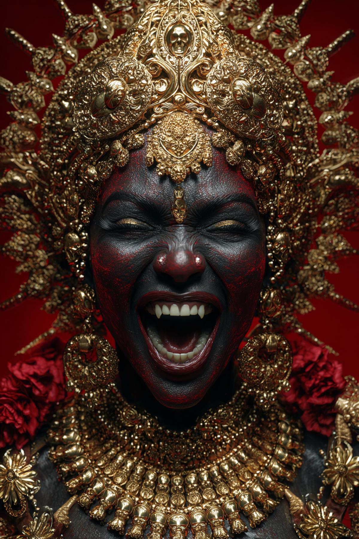Goddess Kali, beautiful and luxury, boasting with a proud smile, showing off a necklace of shrunken heads (tsantsas). Two arms, dark skin, detailed golden jewelry, red liquid-red silk. Photorealistic, hyper-detailed.
