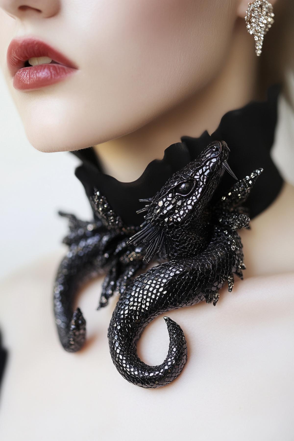 Come up and generate a jewelry that does not exist in reality simultaneously functional and artistic. It can be a necklace, earring, bracelet, diadem or brooch, made in an unexpected version. In a snake style