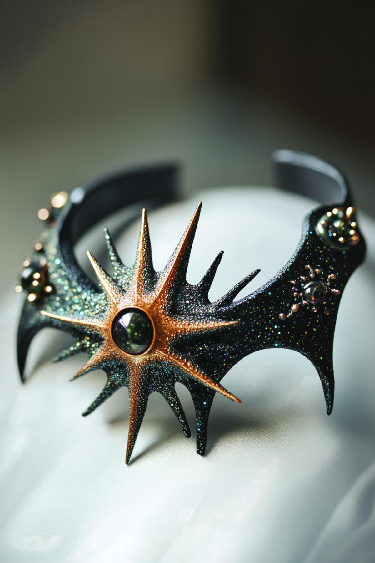 Come up and generate a jewelry that does not exist in reality simultaneously functional and artistic. It can be a necklace, earring, bracelet, diadem or brooch, made in an unexpected version.. In the cosmic style.