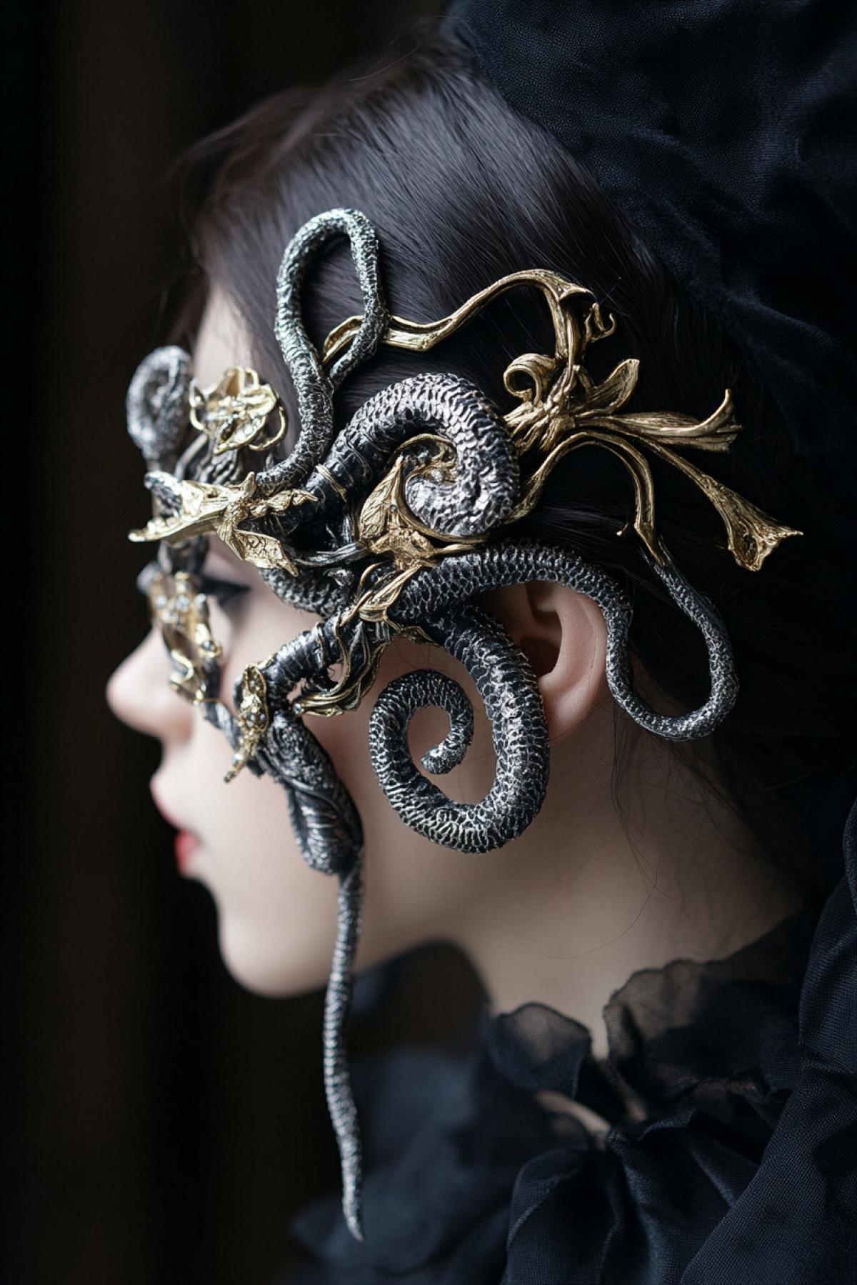 Come up and generate a jewelry that does not exist in reality simultaneously functional and artistic. It can be a necklace, earring, bracelet, diadem or brooch, made in an unexpected version.. On a person in the strength of Medusa Gorgon