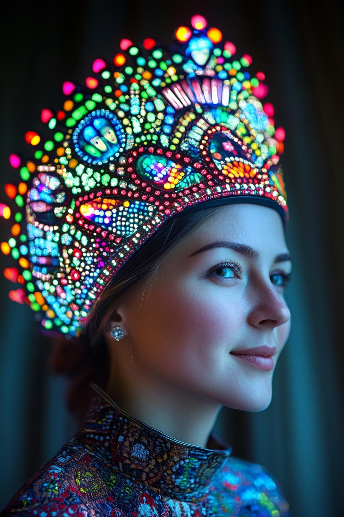 Introducing an exclusive accessory a luminous kokoshnik with a built-in interactive screen!. Hurry to get yours! A bright display on the front of the headpiece shows your emojis, emoticons, and real-time mood. This unique piece of screen-jewelry makes live communication brighter and more intuitive. Designed with a folk-Russian aesthetic.
