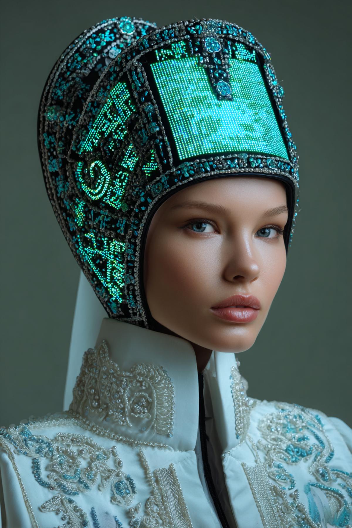 Introducing an exclusive accessory a luminous kokoshnik with a built-in interactive screen!. Hurry to get yours! A bright display on the front of the headpiece shows your emojis, emoticons, and real-time mood. This unique piece of screen-jewelry makes live communication brighter and more intuitive. Designed with a folk-Russian aesthetic.