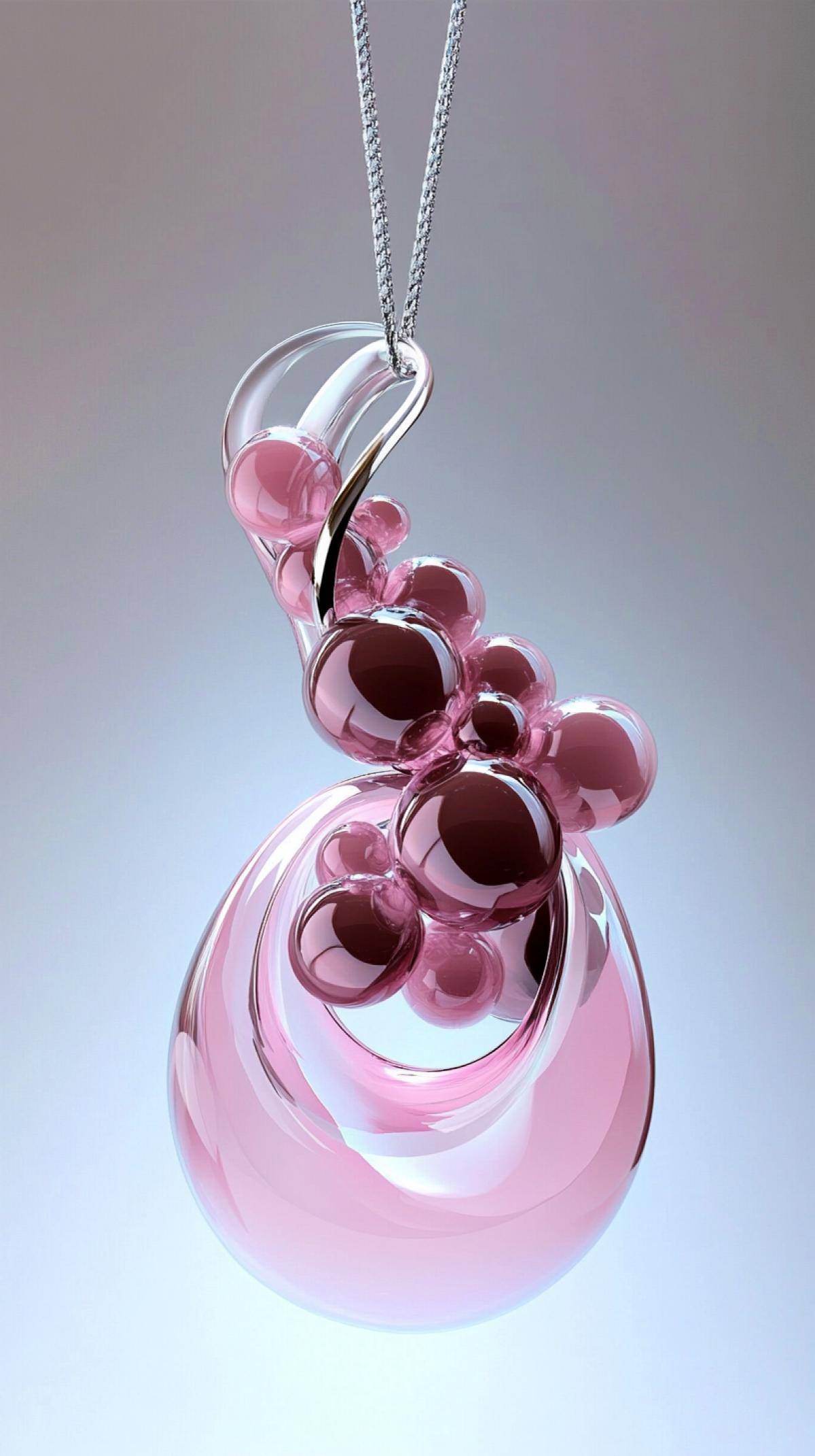 Minimalistic com4k, fluid lines, abstract image, transparent, pink grapevine, necklace and earrings, silver, Cartier color, crystal, white background, minimalism, 3d