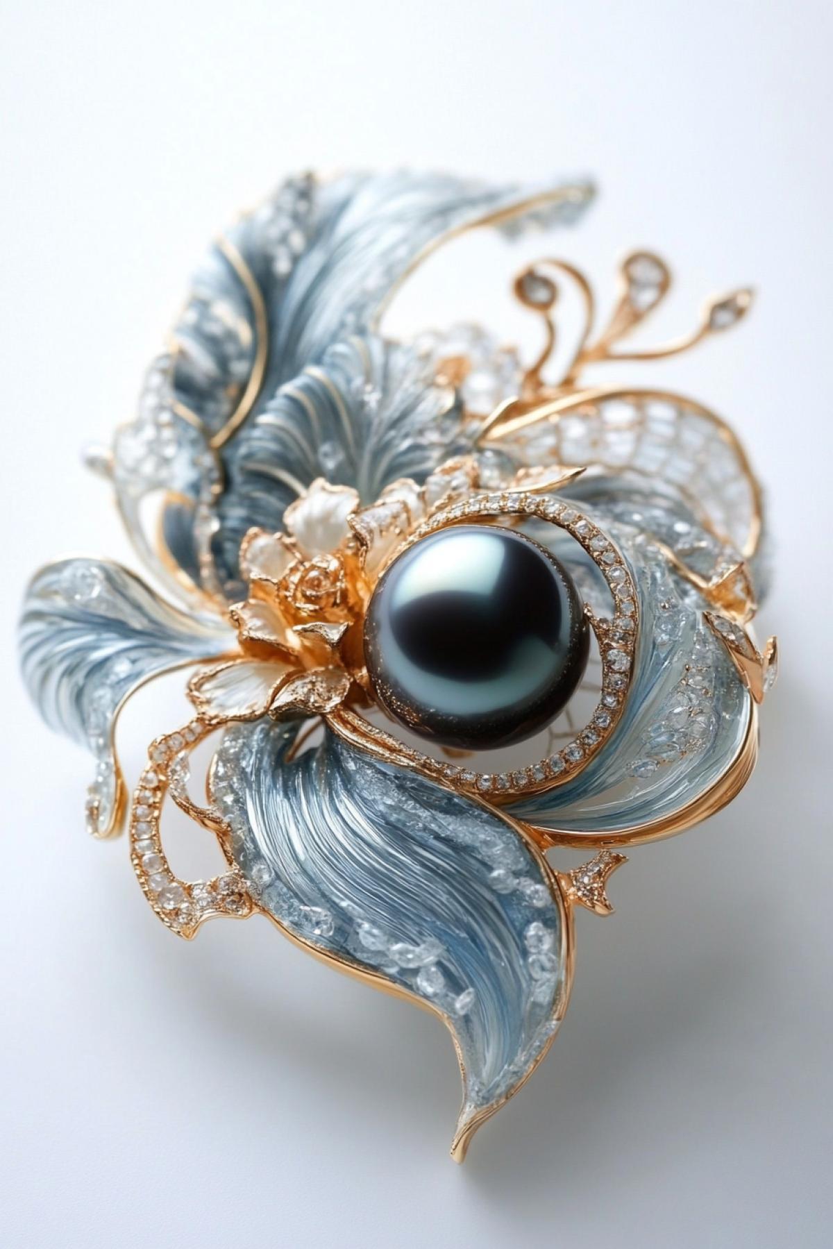 Brooch. This is an amazing combination of fantasy and fine art, transmitting time not subject to time with the help of smooth textures, delicate pastel colors and radiant gold. The intricate details surround the dark pearl, additionally decorating, creating an atmosphere of mystery, surprise and high elegance.