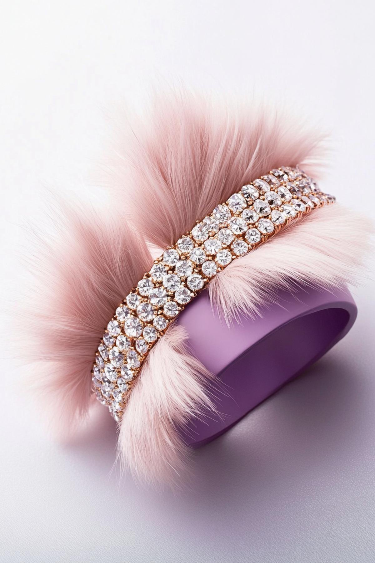 The image shows a pair of furry, pink hair clips with a purple band. The clips are adorned with multiple strands of sparkling, clear gemstones that catch the light. The fur texture is soft and fluffy, and the gemstones are arranged in a way that suggests elegance and luxury. The background is a neutral, light gray, which contrasts with the vibrant pink of the fur and the purple of the band, making the clips the focal point of the image.