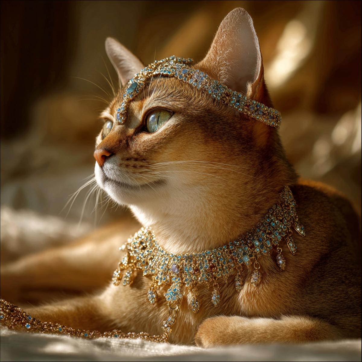 An elegant cat, gracefully seated, adorned with an exquisite diadem and necklace crafted from noble gold, encrusted with sparkling gemstonessapphires, rubies, and emeralds. The diadem delicately encircles the cat’s head, while the necklace with elegant pendants accentuates its neck. The background is soft and slightly blurred, with warm lighting that highlights the shine of the metal and stones. The image style is hyper-realistic, focusing on detailed textures of gold, the facets of the gemstones, and the cat’s soft fur. The lighting is dramatic with reflections, creating a luxurious atmosphere.