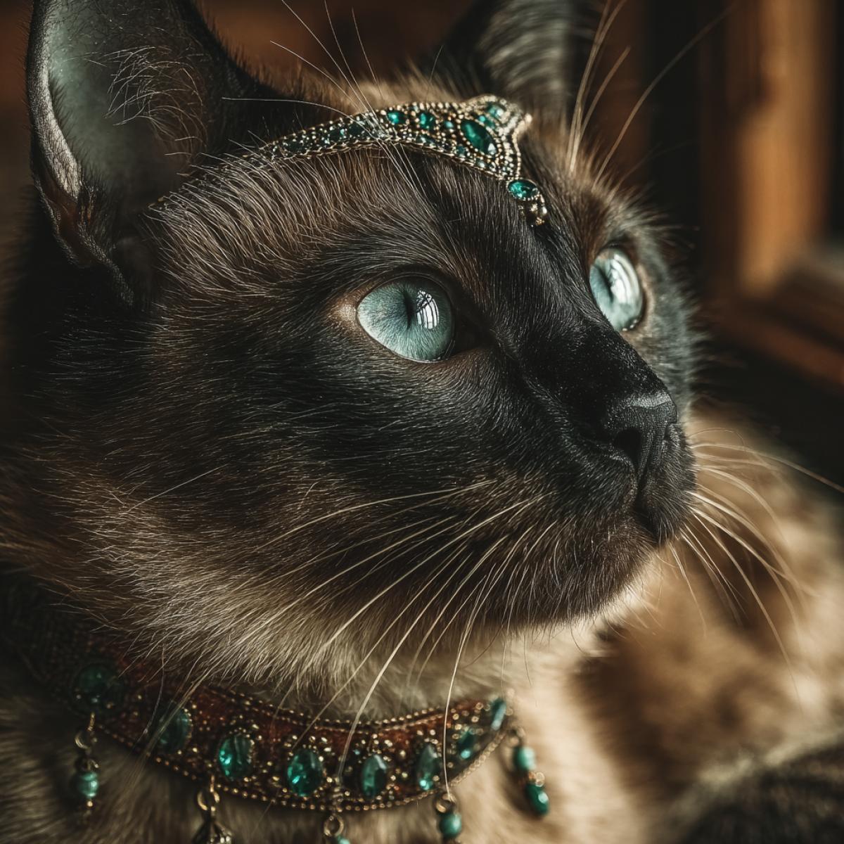 A close-up shot of a cat up to the detailed, a sleek short-haired dark-colored or Siamese breed, gracefully seated, adorned with an exquisite diadem and necklace crafted from dark gold or bronze, encrusted with sparkling emeralds. The diadem delicately encircles the cat’s head, while the necklace with elegant pendants accentuates its neck, with a focus on the jewelry’s shine. The background is soft and slightly blurred, with warm lighting that highlights the texture of the metal and stones. The image style is hyper-realistic, emphasizing detailed textures of dark gold or bronze, the facets of emeralds, and the cat’s smooth fur. The lighting is dramatic with reflections, creating a luxurious atmosphere
