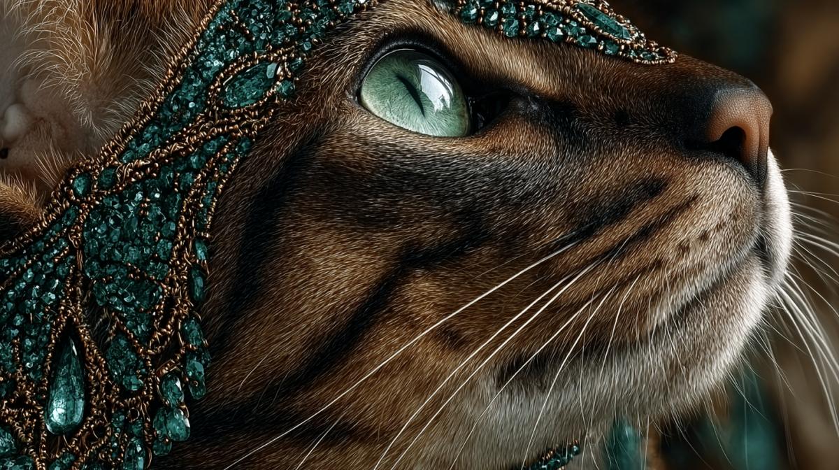 A close-up shot of a cat up to the detailed, a sleek short-haired dark-colored or Siamese breed, gracefully seated, adorned with an exquisite diadem and necklace crafted from dark gold or bronze, encrusted with sparkling emeralds. The diadem features an unusual design of intertwining branches, delicately encircling the cat’s head, with emeralds embedded at the nodes of the interlacements, adding a natural touch. The necklace is also shaped as intertwining branches, with elegant pendants accentuating the neck, where emeralds gleam at the curves, with a focus on the jewelry’s shine. The cat has a mysterious gaze into the distance, its green eyes, echoing the color of the emeralds, drawing attention and adding depth to the image. The background is soft and slightly blurred, with warm lighting that highlights the texture of the metal and stones. The image style is hyper-realistic, emphasizing detailed textures of dark gold or bronze, the facets of emeralds, the cat’s smooth fur, and the ex
