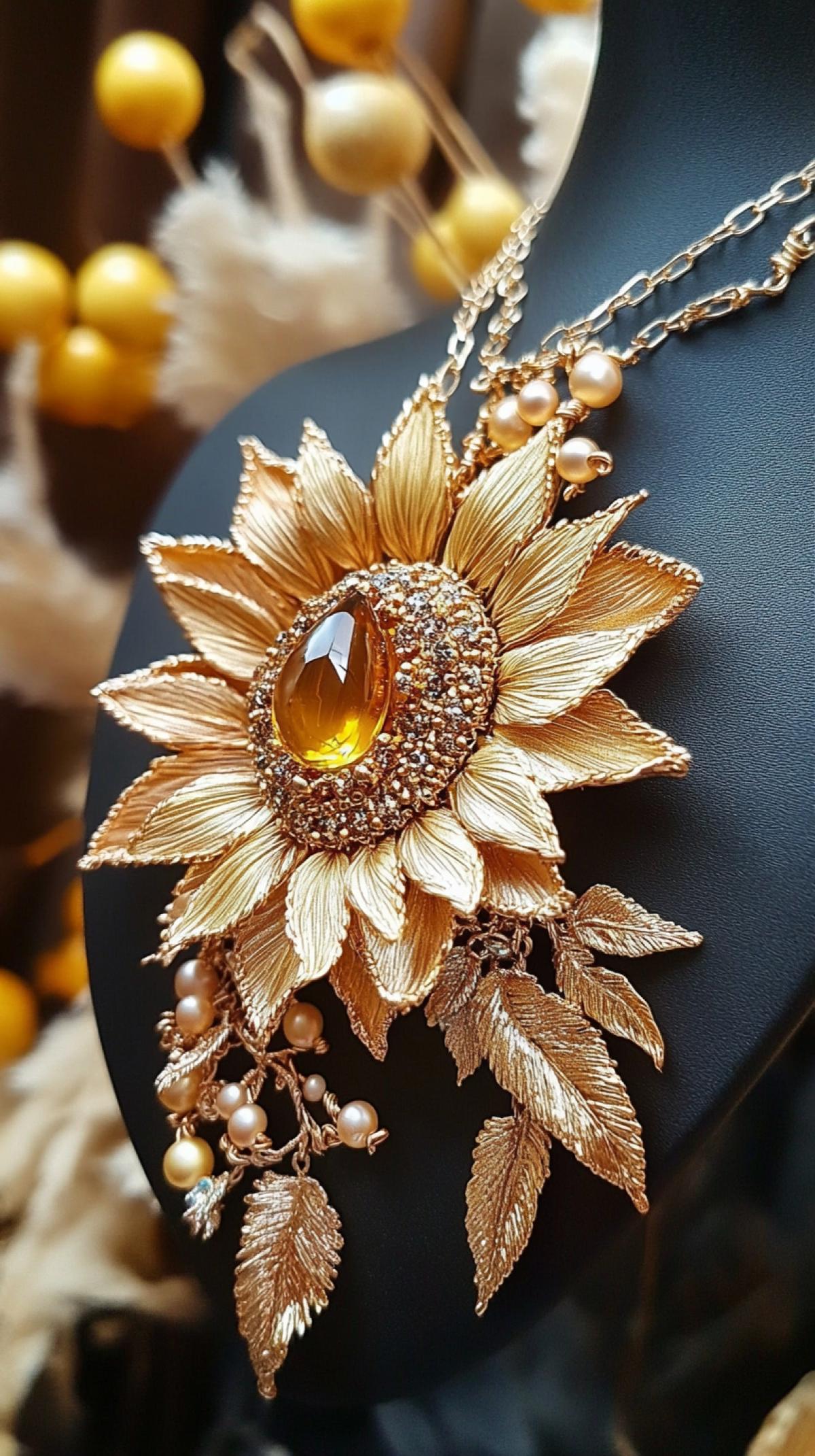 Large earrings and necklaces in the form of sunflower flowers. This is an amazing combination of fantasy and fine art, transmitting time not subject to time with the help of smooth textures, delicate pastel colors and radiant gold and beads. The intricate details surround the amber drop, additionally decorating the petals, creating an atmosphere of bright summer, surprise and high elegance.