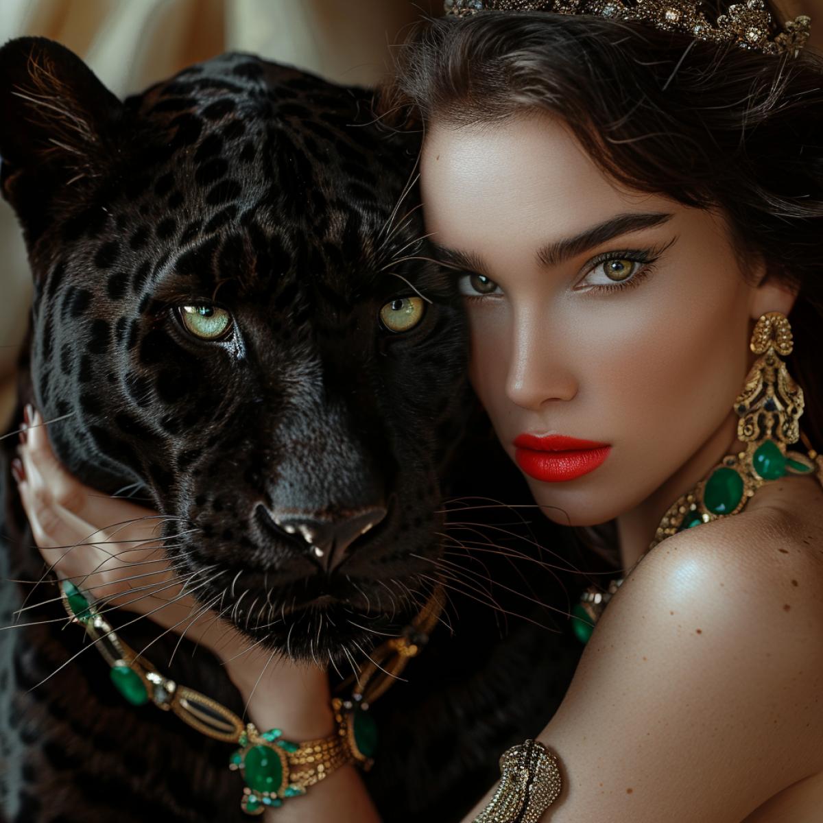 Close-up of a young, elegant woman with dark hair, bright red lips and expressive makeup, posing for the camera while hugging a large dark panther with smooth fur, which is also looking at the camera. The woman and the panther are adorned with similar necklaces and tiaras, made in the same style, resembling intertwined branches of dark gold or bronze inlaid with emeralds. The tiaras and necklaces differ in configuration: the womans have graceful curves, while the panthers are more massive, emphasising its strength, but both pieces shine in harmony. The woman looks serious, while the mysterious gaze of the panther, with green eyes echoing the emeralds, attracts attention. The background is soft and slightly blurred, with warm lighting that emphasises the texture of the metal, stones, the womans skin and the panthers fur. The style of the image is hyper-realistic, emphasising the detailed textures of dark gold or bronze, the facets of emeralds, smooth skin and fur. The lighting is dramat