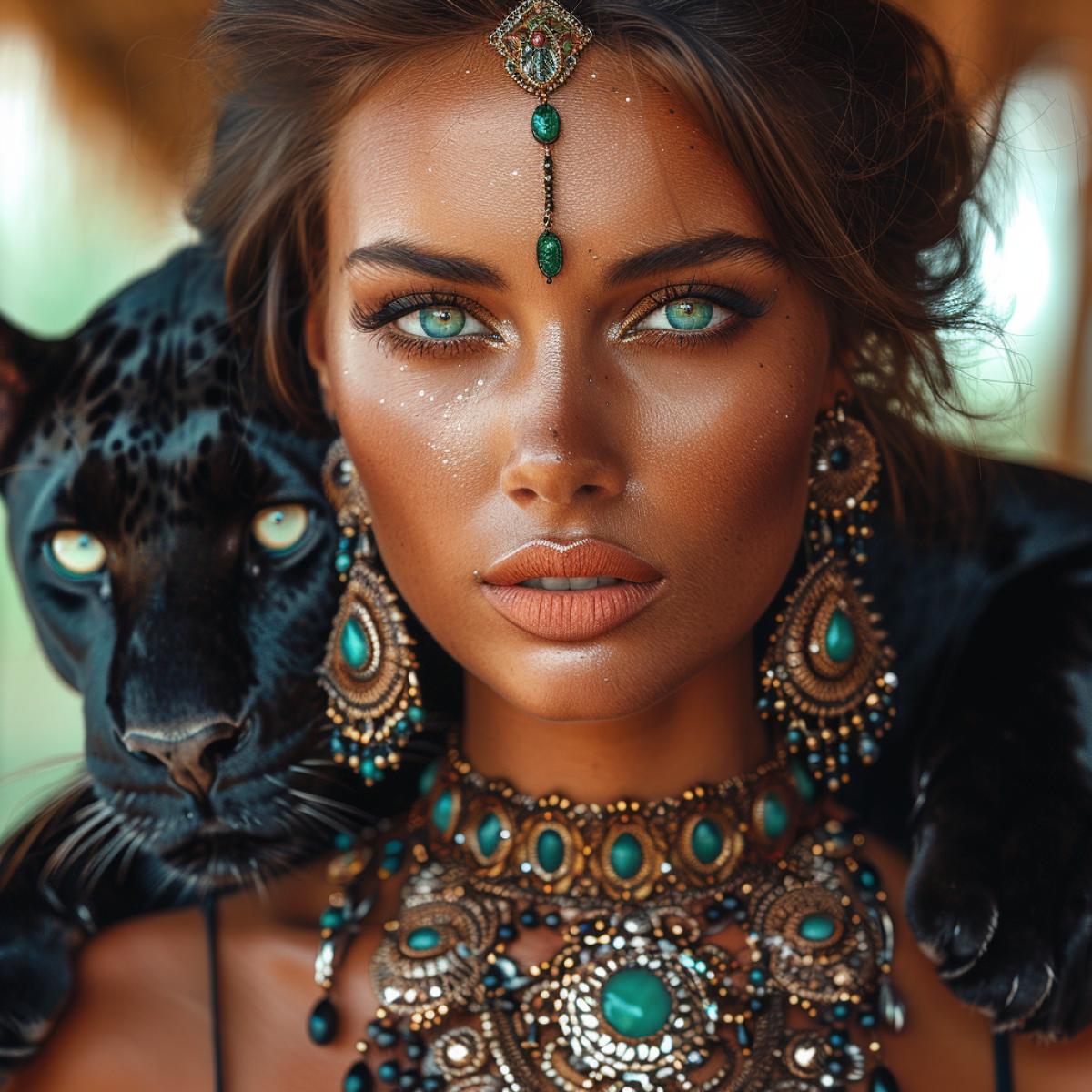 Close-up of a young, elegant woman with dark hair, bright red lips, and expressive makeup, posing for the camera while hugging a large dark panther with smooth fur, which is also looking at the camera and wearing a tiara. A woman in a dark evening gown with an open neckline and an intricate hairstyle. The woman and the panther are adorned with similar necklaces and tiaras, made in the same style, resembling intertwined branches of dark gold or bronze inlaid with emeralds. The tiaras and necklaces differ in configuration: the womans have graceful curves, while the panthers are more massive, emphasising its strength, but both pieces shine in harmony. The woman looks serious, while the mysterious gaze of the panther, with green eyes echoing the emeralds, attracts attention. The background is soft and slightly blurred, with warm lighting that emphasises the texture of the metal, stones, the womans skin and the panthers fur. The style of the image is hyper-realistic, emphasising the detaile