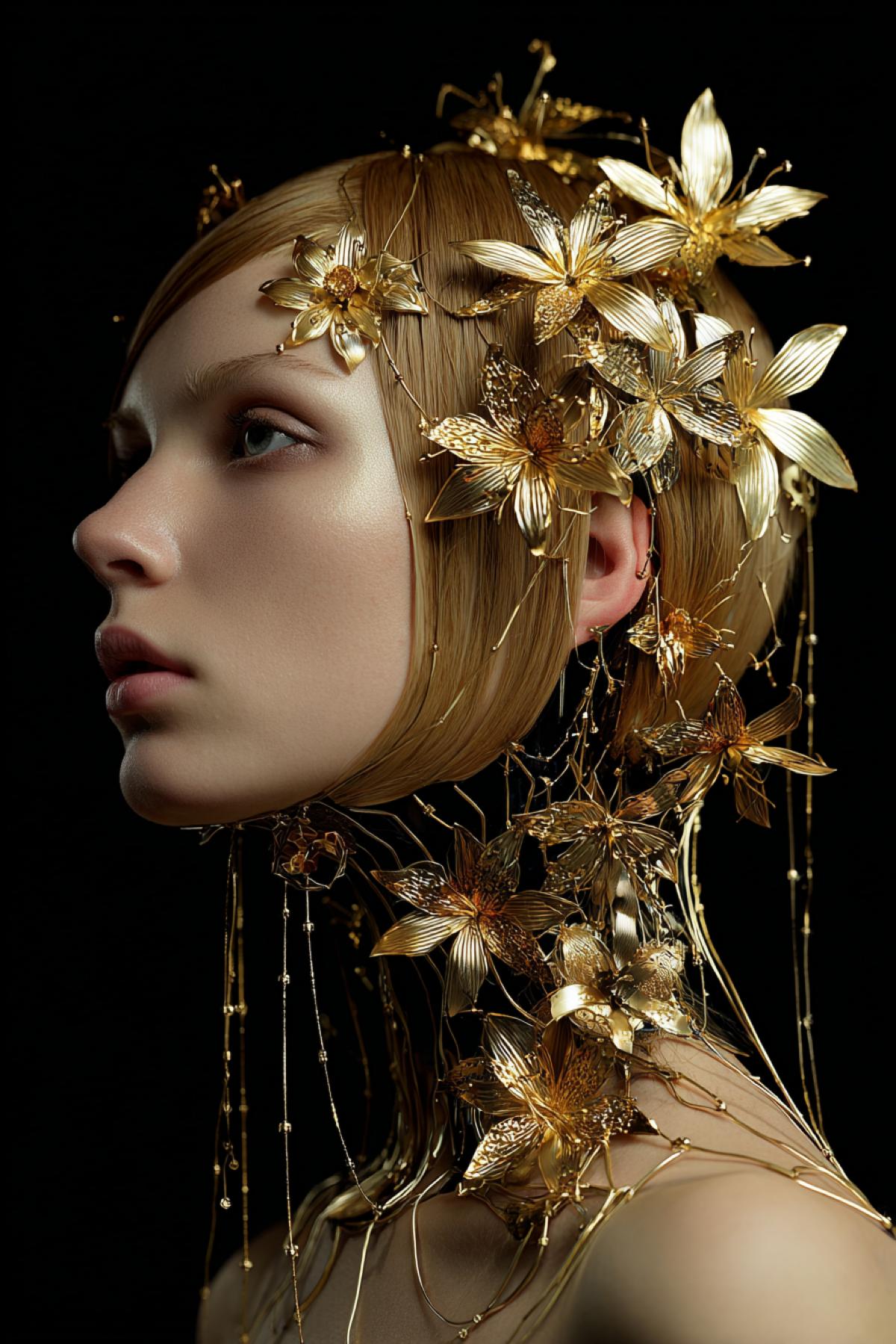 Futuristic female jewelry shining and fifting yuryzovo gold flowers