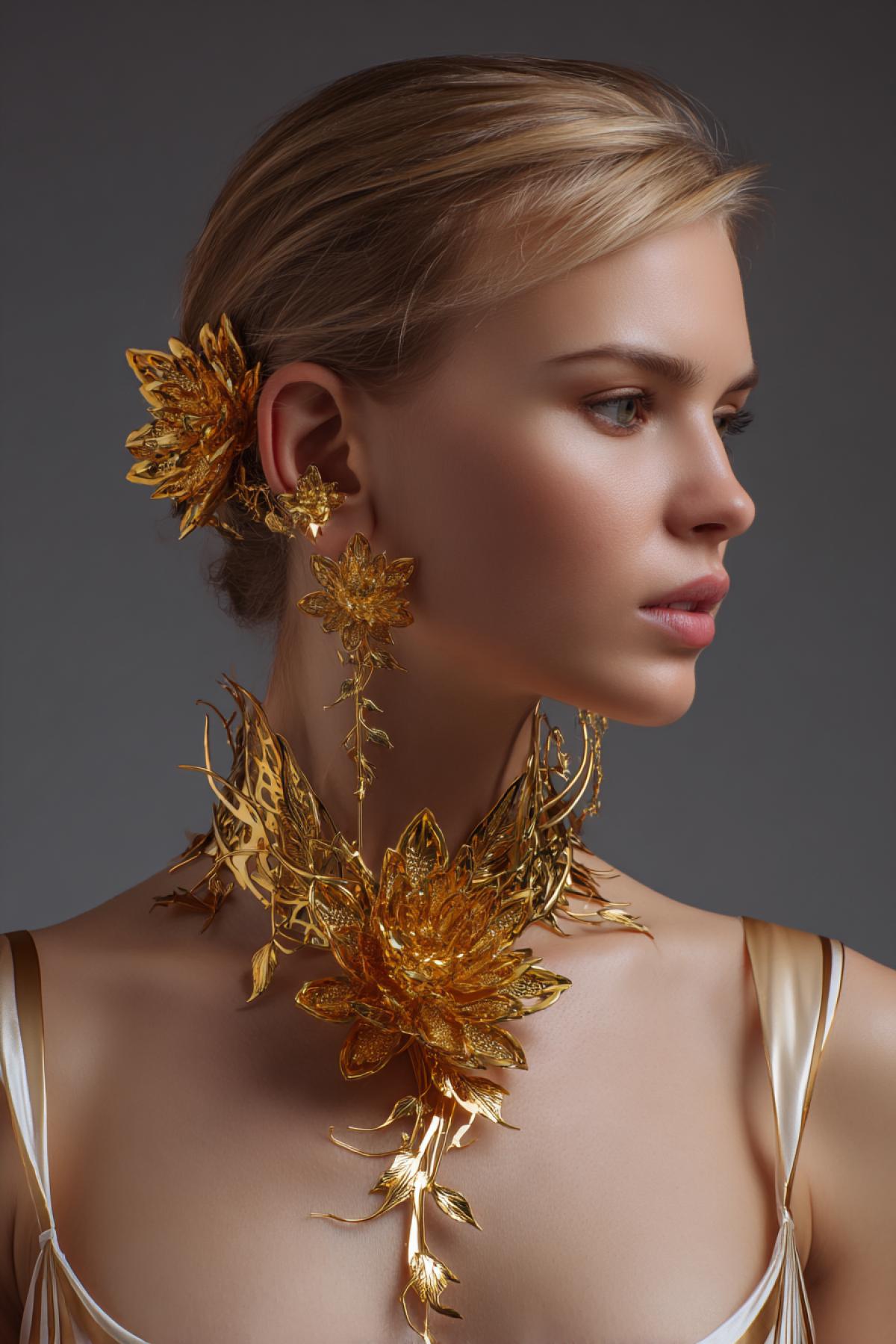 Futuristic female jewelry shining and fifting yuryzovo gold flowers