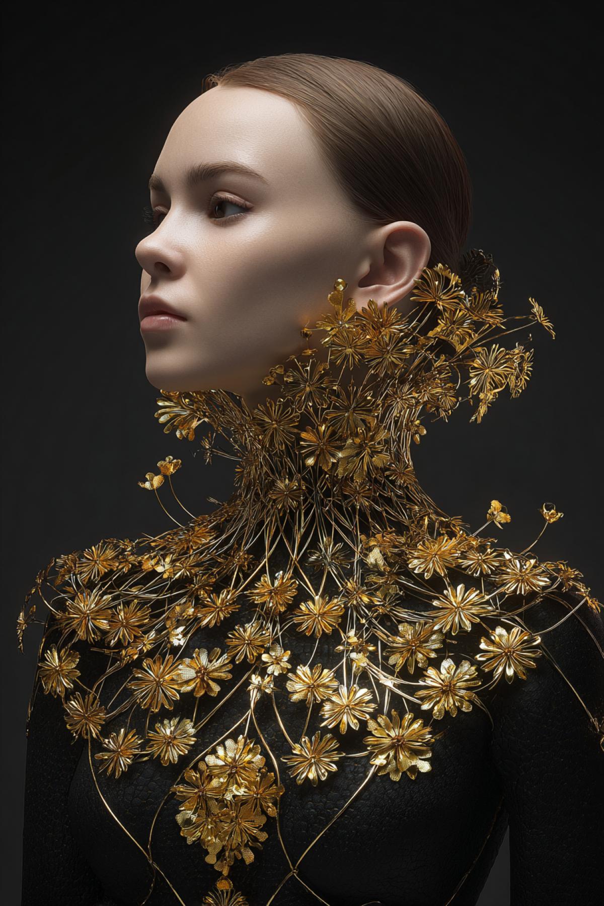 Futuristic female jewelry shining and fifting yuryzovo gold flowers