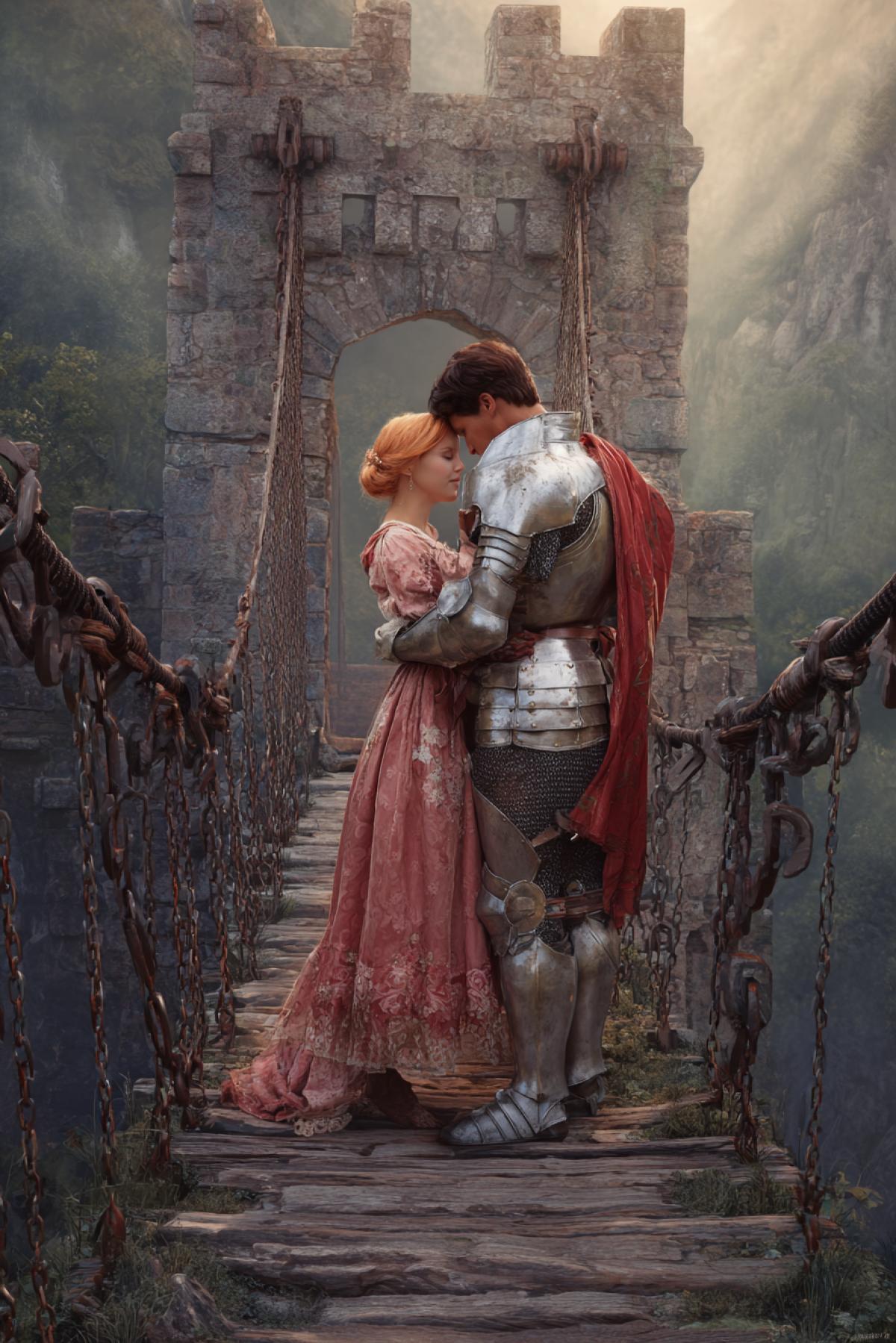 Medieval stone drawbridge on chains leading to medieval fortress medieval 23yo beauty on the bridge and handsome 23yo knight awaiting for her full of love looking at reach other with love tender touch detailed medieval art