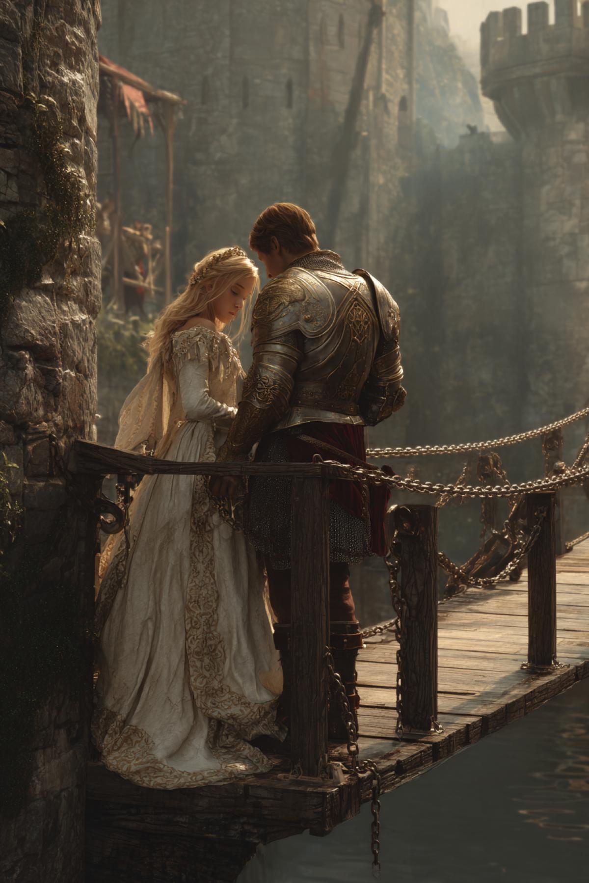 Medieval stone drawbridge on chains leading to medieval fortress medieval 23yo beauty on the bridge and handsome 23yo knight awaiting for her full of love looking at reach other with love tender touch detailed medieval art