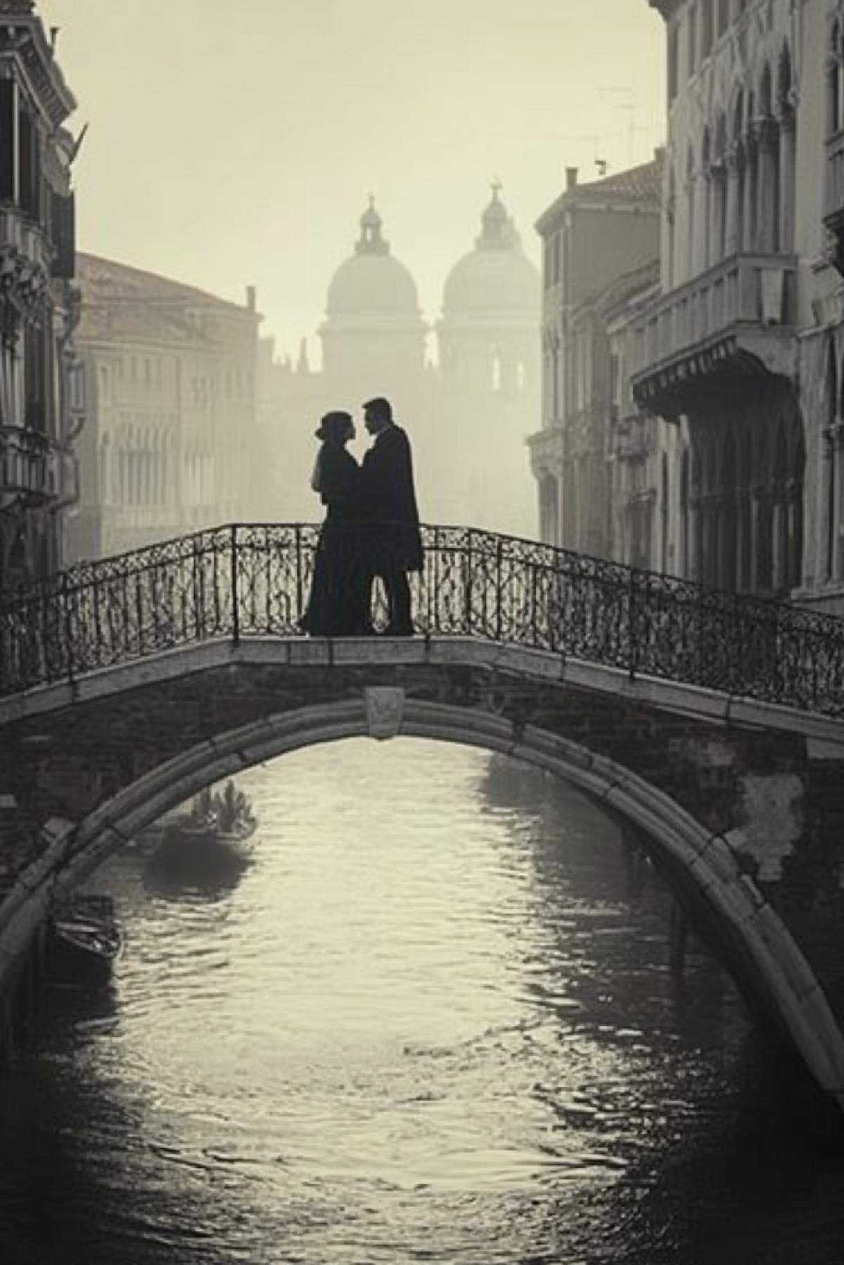 The bridge is not just an architectural object, but a place where feelings are found. Generate the image of the bridge in the plot that conveys love: couples of people, attachment symbols, everything that enhances the romantic atmosphere. In the style of Borocco