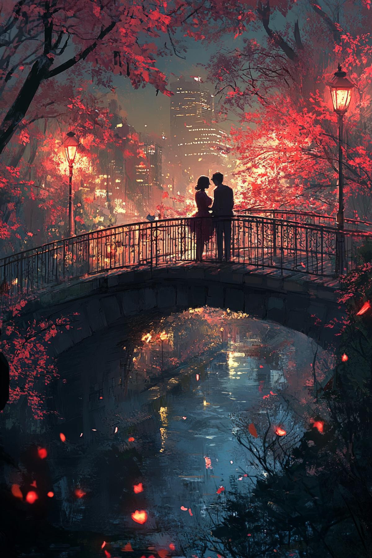 The bridge is not just an architectural object, but a place where feelings are found. Generate the image of the bridge in the plot that conveys love: couples, attachment symbols, everything that enhances the romantic atmosphere. In the style of Kezhl