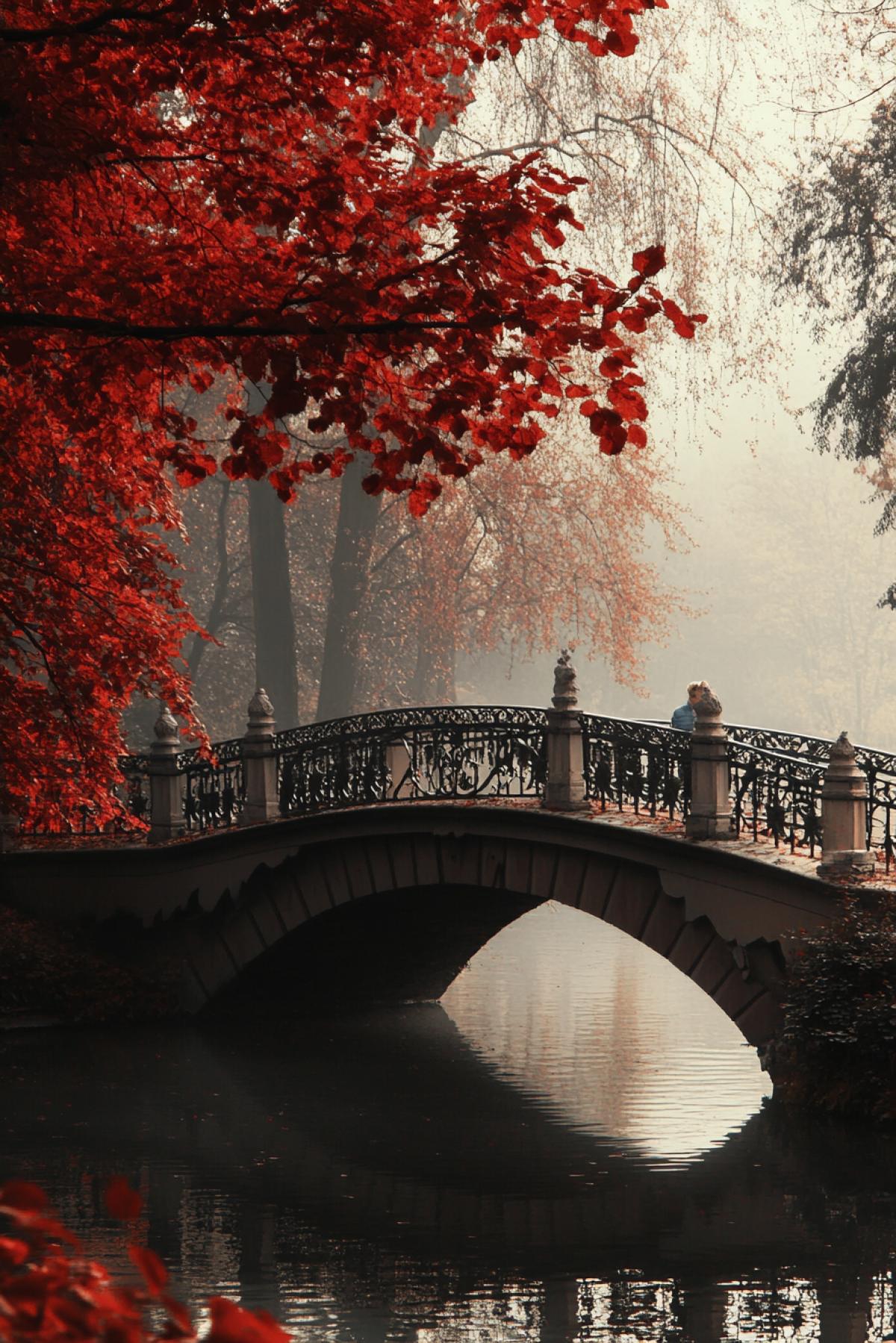 The bridge is not just an architectural object, but a place where feelings are found. Generate the image of the bridge in the plot that conveys love: couples, attachment symbols, everything that enhances the romantic atmosphere. In the style of Kezhl