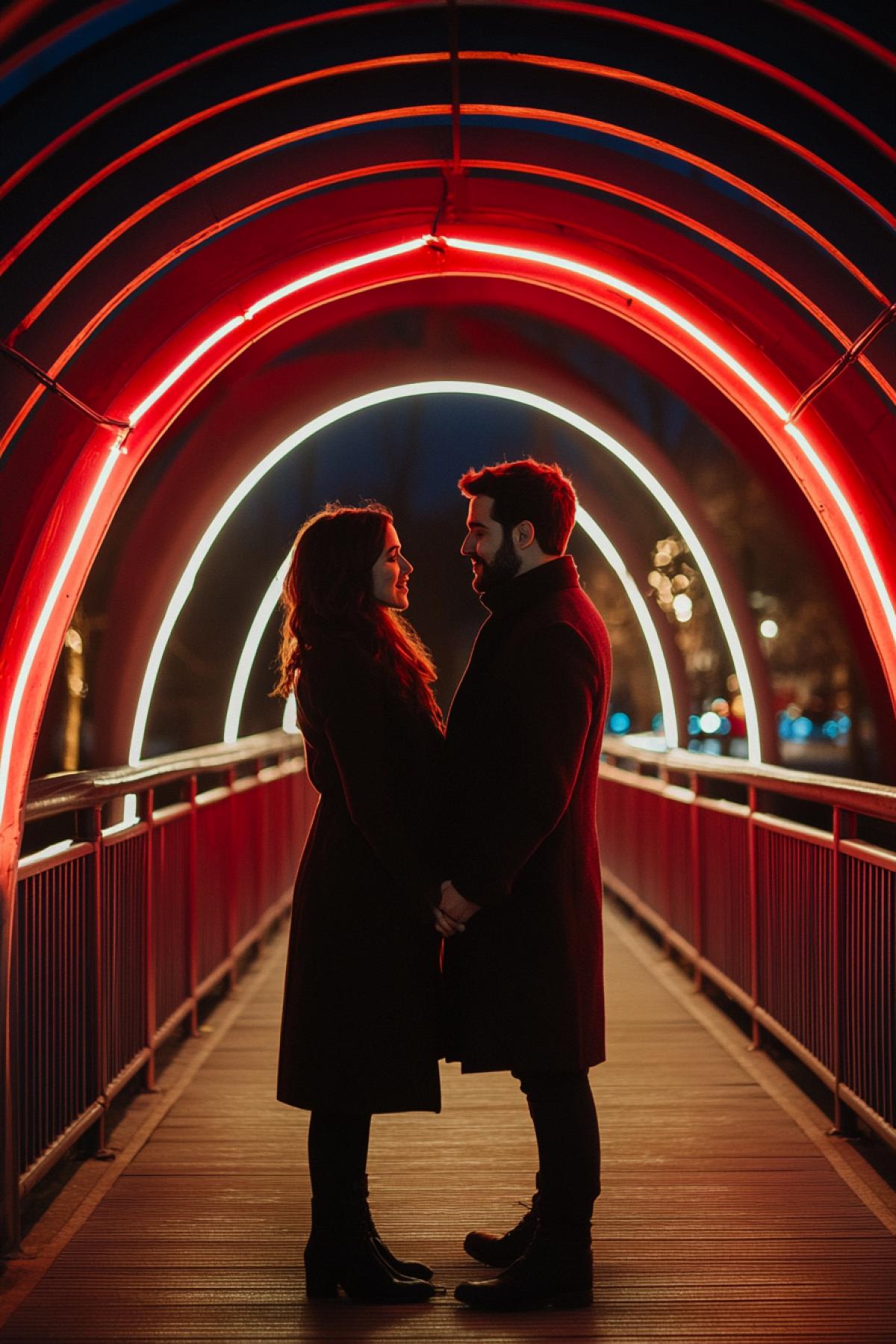 The bridge is not just an architectural object, but a place where feelings are found. Generate the image of the bridge in the plot that conveys love: couples, attachment symbols, everything that enhances the romantic atmosphere. In neon and Safmts