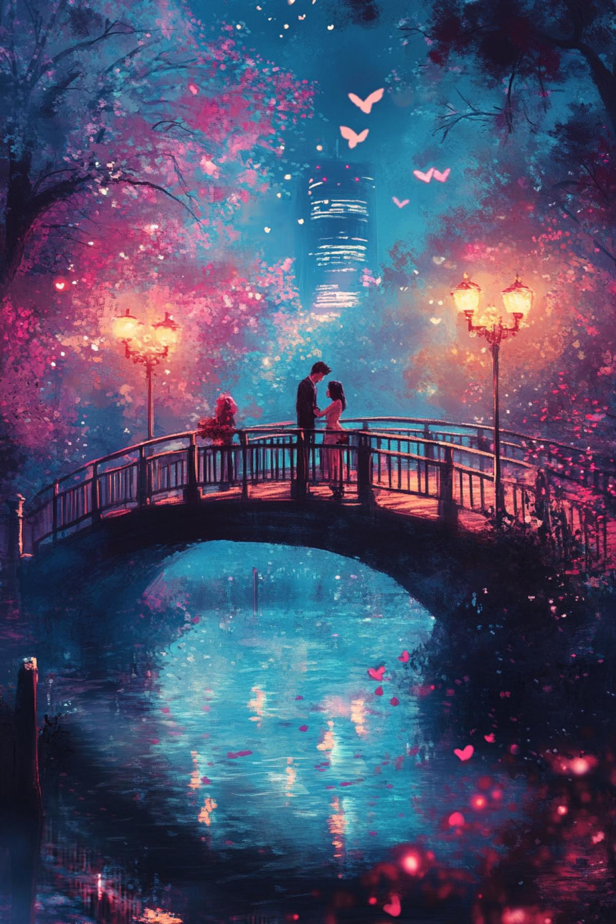 The bridge is not just an architectural object, but a place where feelings are found. Generate the image of the bridge in the plot that conveys love: couples, attachment symbols, everything that enhances the romantic atmosphere. In neon and Safmts