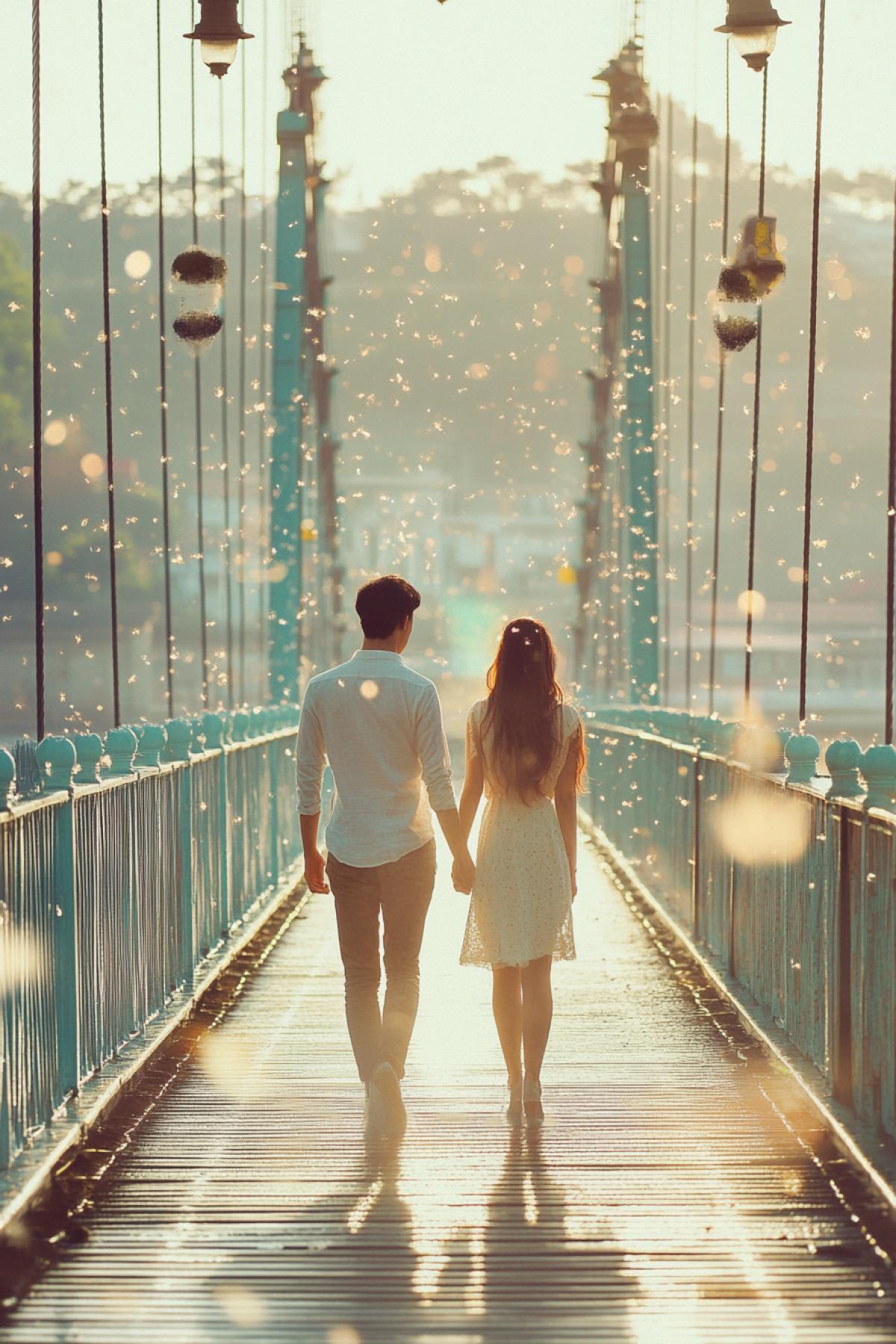 The bridge is not just an architectural object, but a place where feelings are found. Generate the image of the bridge in the plot that conveys love: couples, attachment symbols, everything that enhances the romantic atmosphere. In the style of kurasawa