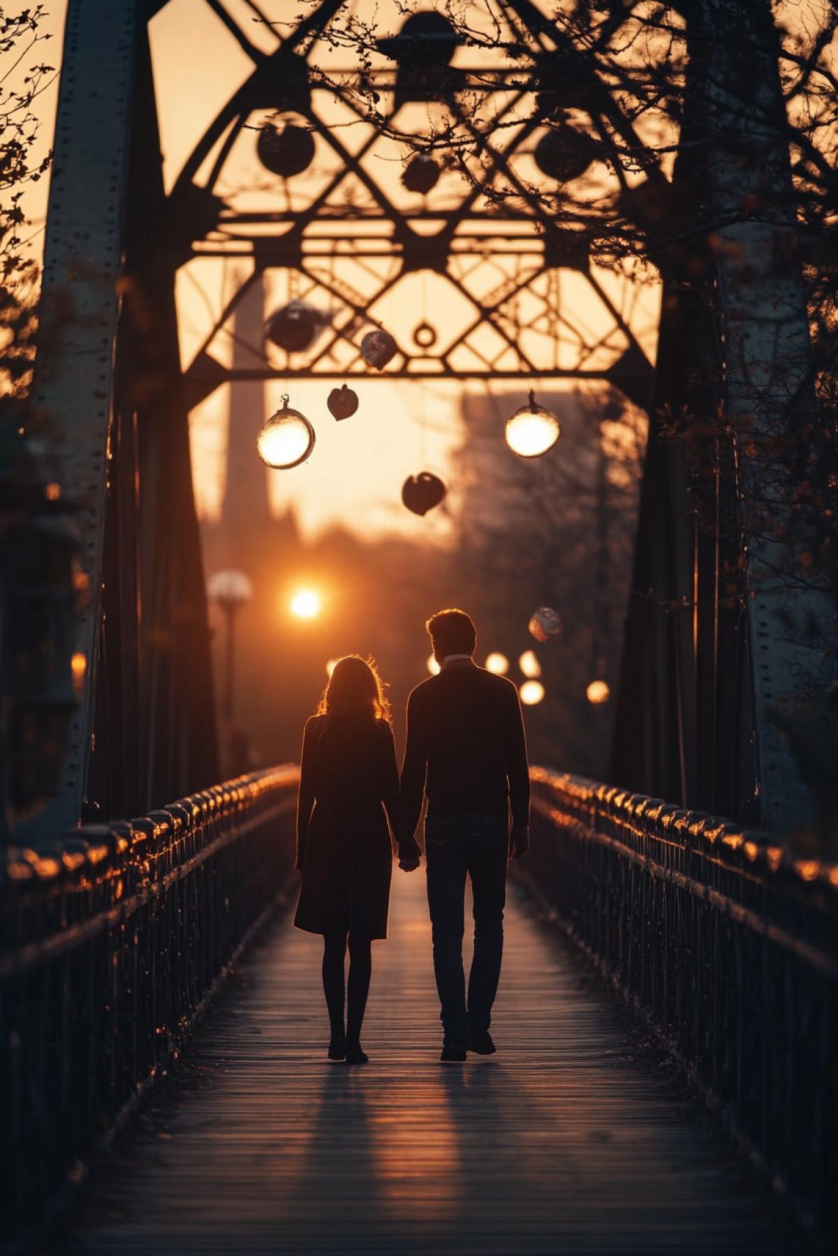 The bridge is not just an architectural object, but a place where feelings are found. Generate the image of the bridge in the plot that conveys love: couples, attachment symbols, everything that enhances the romantic atmosphere. In the style of kurasawa