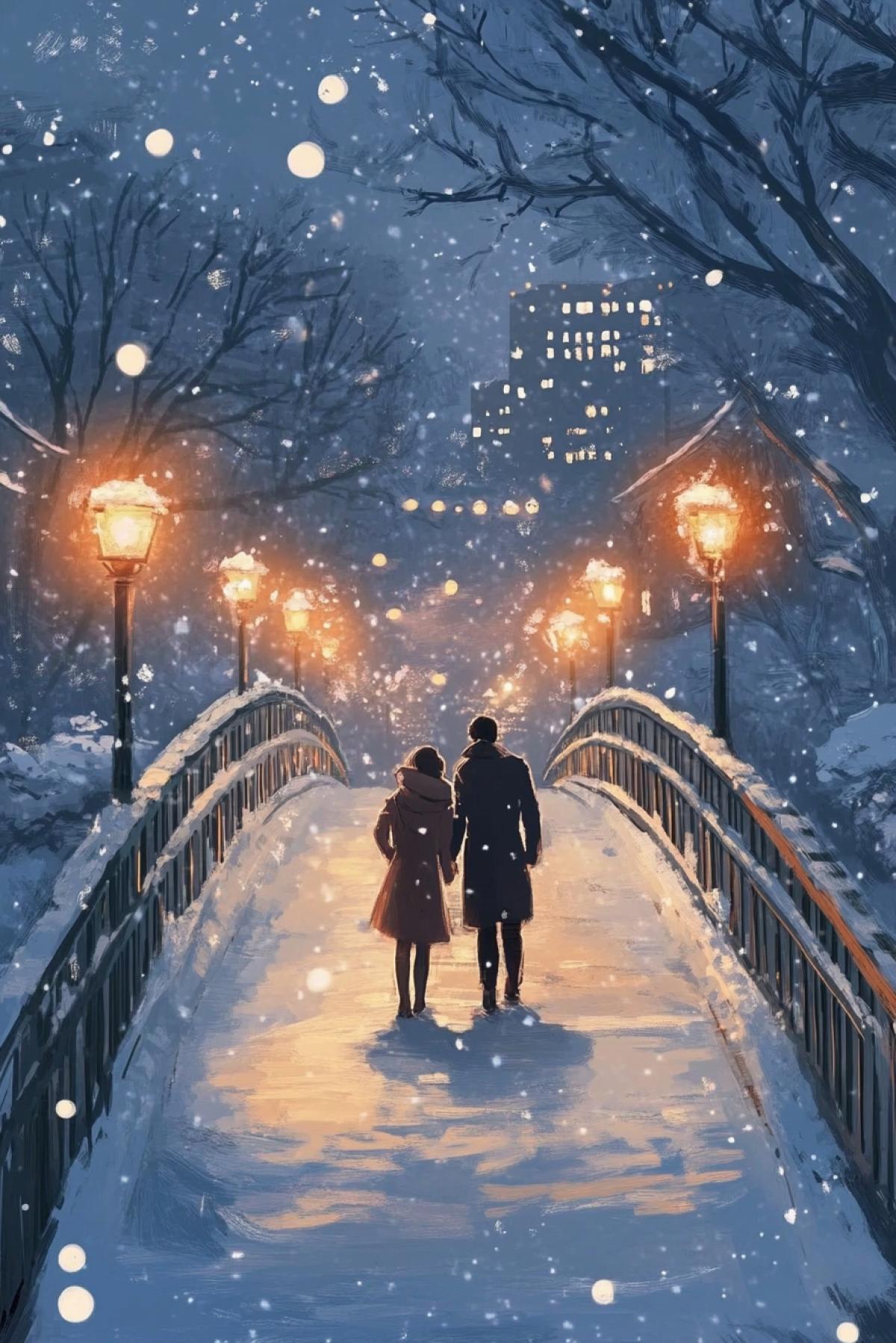 The bridge is not just an architectural object, but a place where feelings are found. Generate the image of the bridge in the plot that conveys love: couples, attachment symbols, everything that enhances the romantic atmosphere. In the style of the Japanese cartoon, winter.