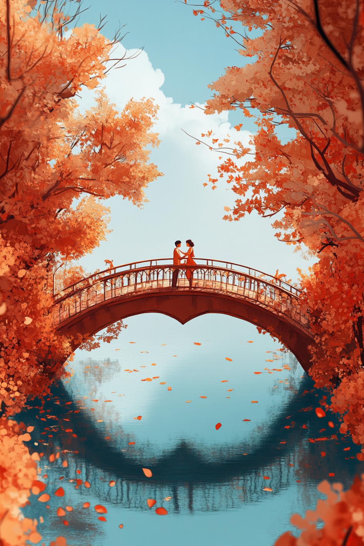 A bridge in the form of a heart falling foliage, two loving people on a bridge in the style of origami, spring Renaissance.