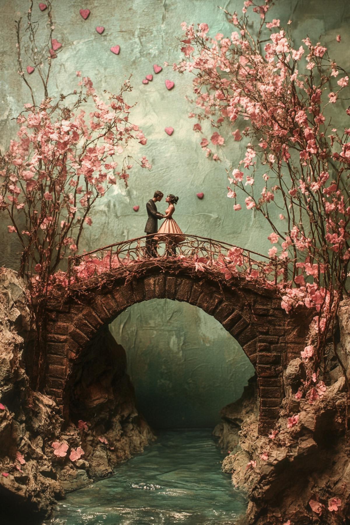 A bridge in the form of a heart falling foliage, two loving people on a bridge in the style of origami, spring Renaissance.