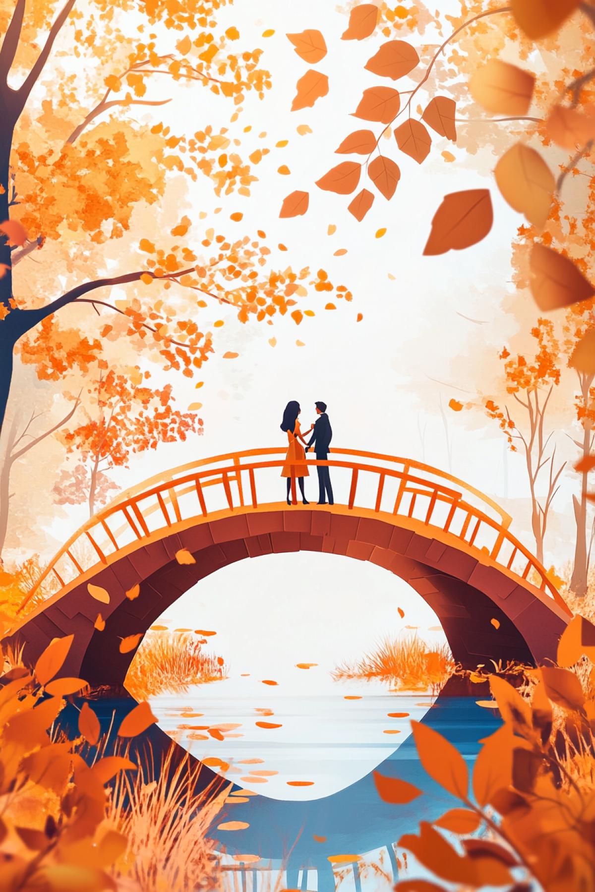 A bridge in the form of a heart falling foliage, two loving people on a bridge in the style of origami, spring Renaissance.