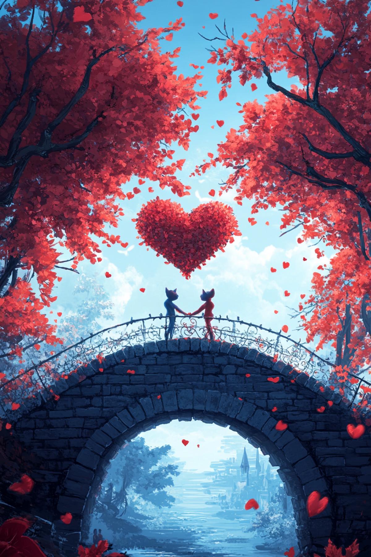 A bridge in the form of a heart, falling foliage, two loving animals of cats on a bridge in the style of origami, spring renaissance. В стиле мультфильм, аниме