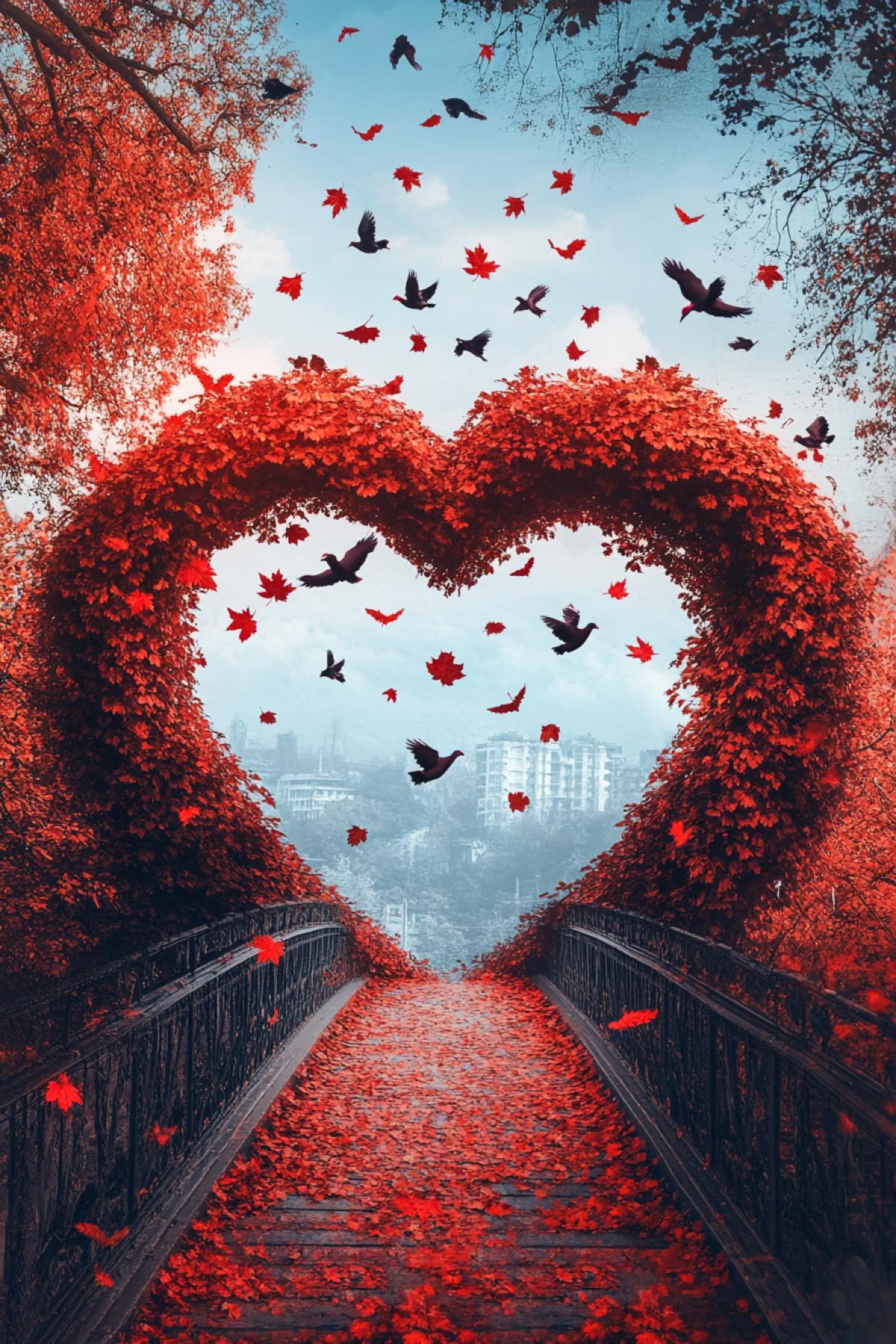 Bridge in the shape of a heart, flying pigeons, red falling leaves, blue sky, in the style of fantasy