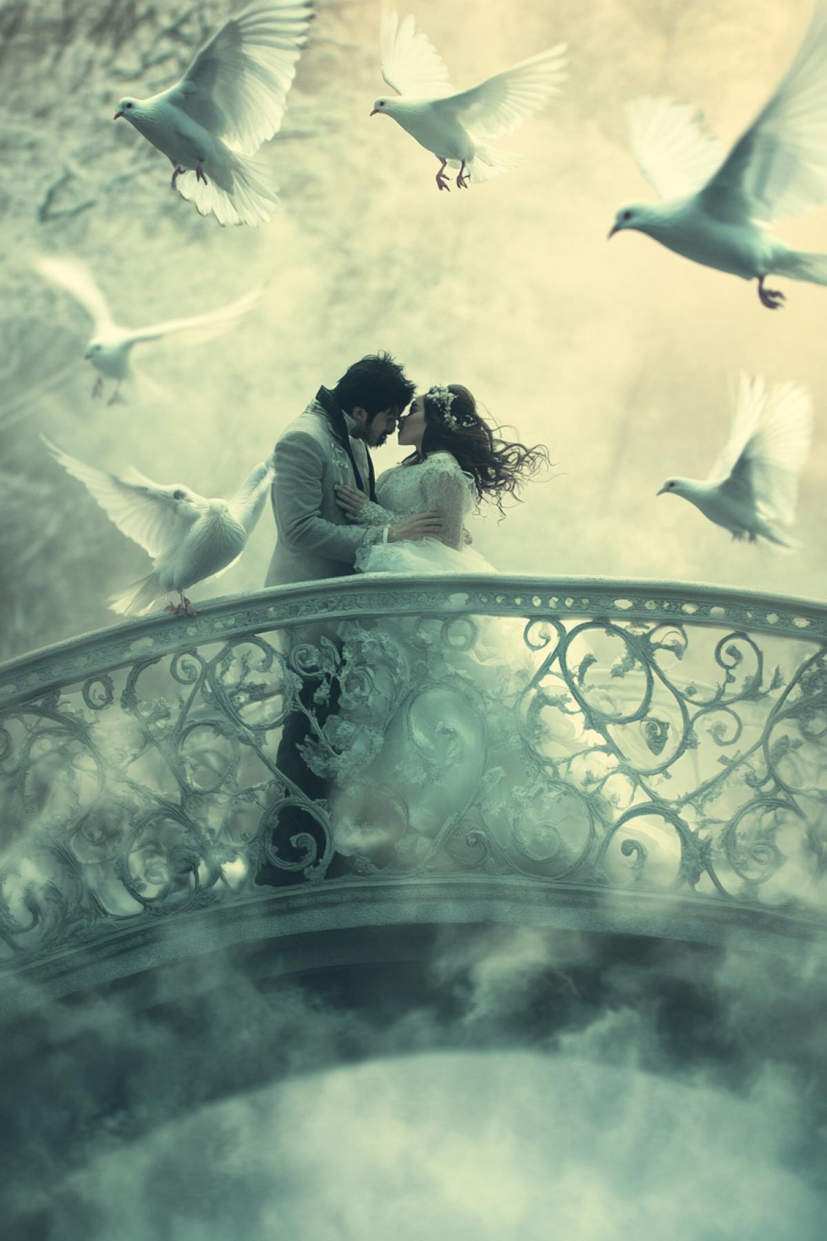 A bridge in the shape of a heart, on the bridge a beauty and a monster closeup, flying white pigeons, in the style of fantasy.