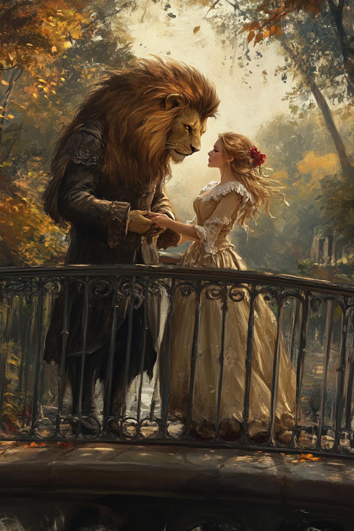 A beauty and a monster with a lion’s head and a person’s from a fairy tale on a bridge, hold hands, love and tenderness in their hearts.