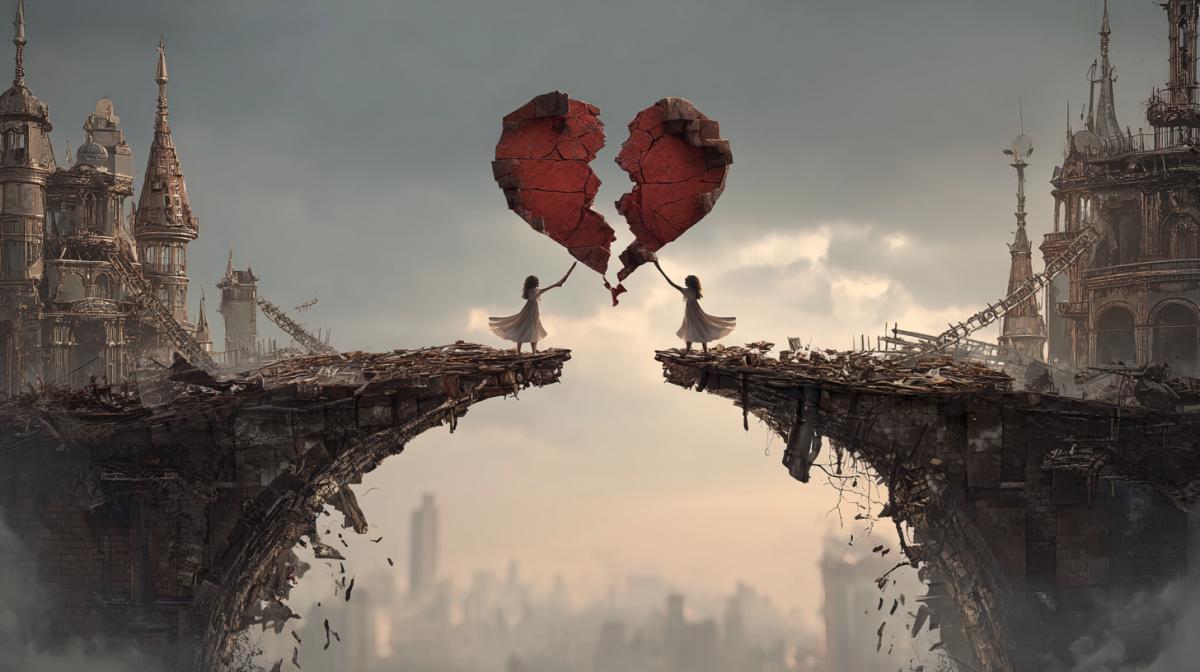 A couple in love on a divorce bridge on different halves of the bridge pulls to each other, in the air a broken heart, the romance of Gothic
