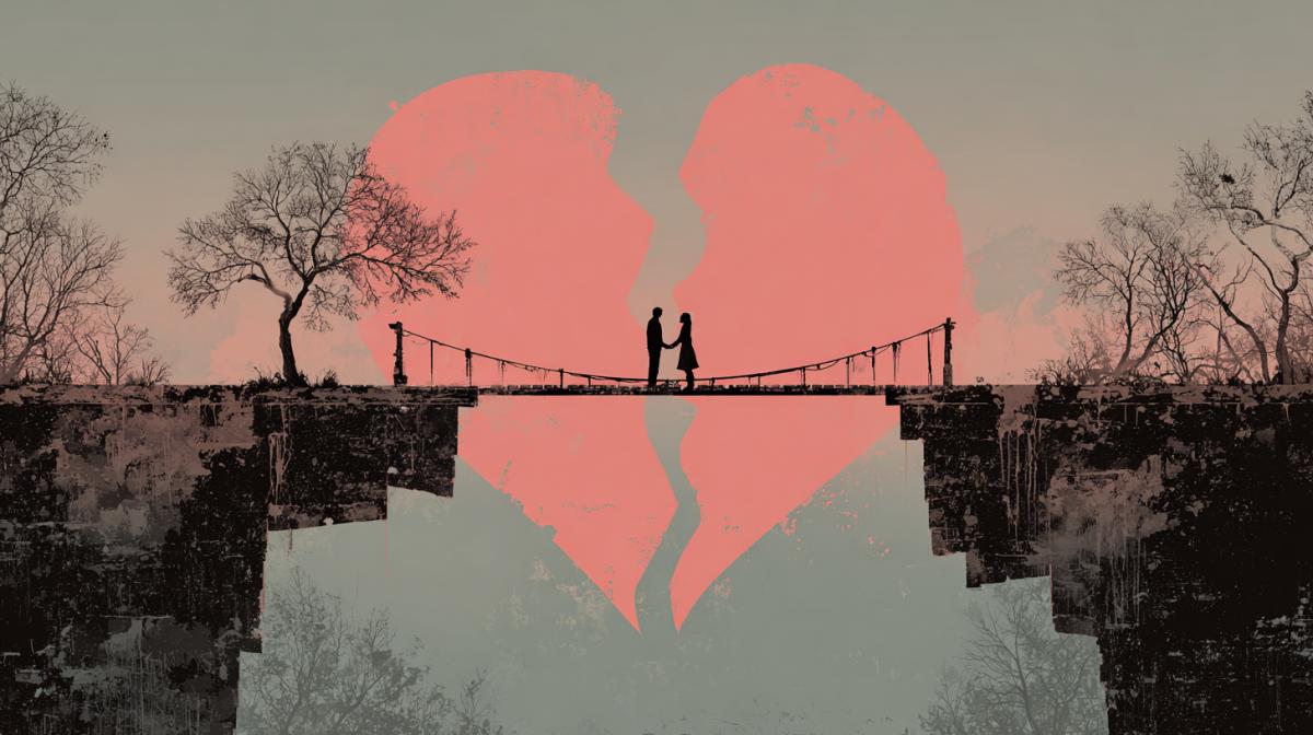 A couple in love on a divorce bridge on different halves of the bridge pulls to each other, in the air a broken heart, the romance of Gothic