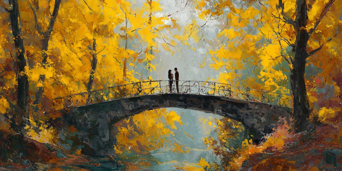 A beautiful bridge against a background of bright autumn and on the bridge a beautiful couple looks into the distance