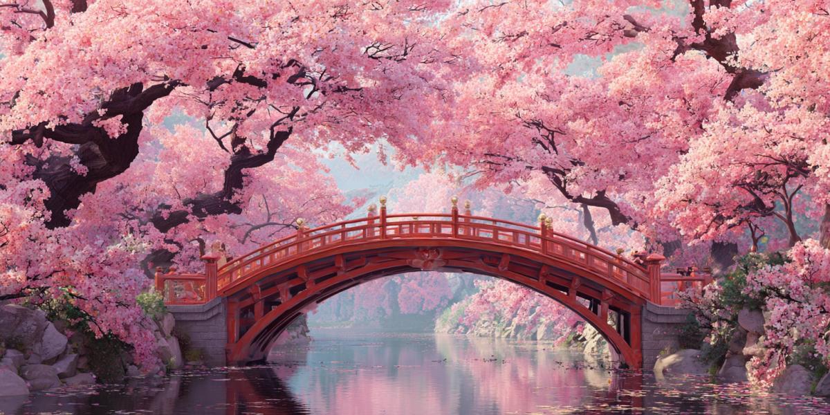 A beautiful bridge against the background of Japan or China with a beautiful and romantic pink inspirational sakura